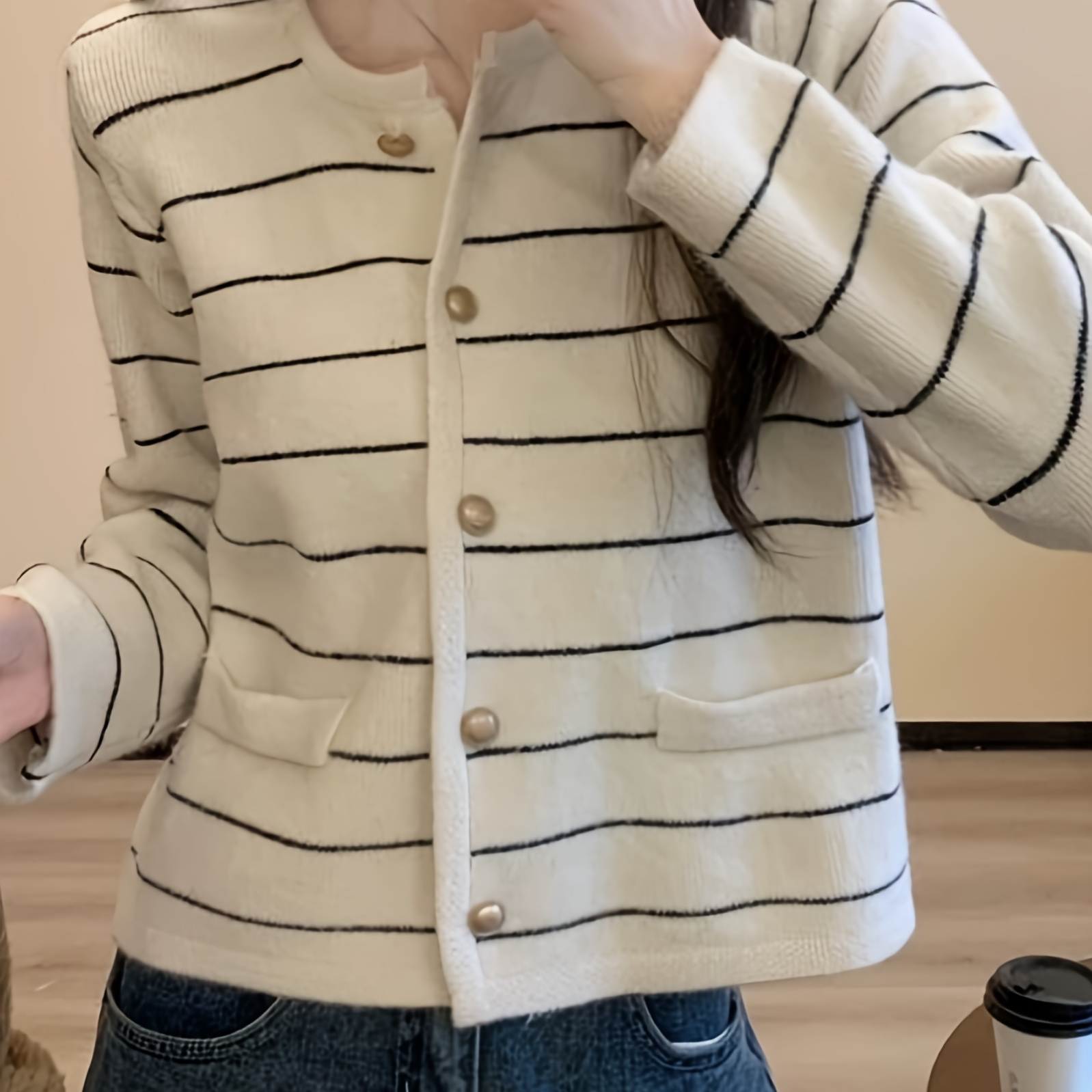 

Striped Button Front Pockets Knitted Cardigan, Elegant Long Sleeve Soft Cardigan For Spring & Fall, Women's Clothing