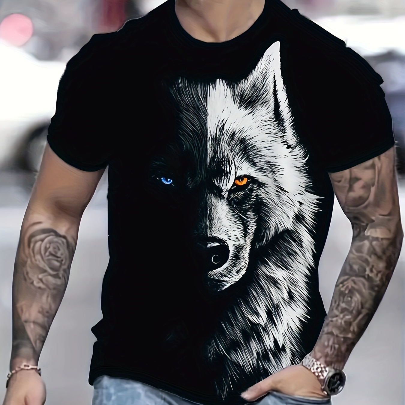 

Cool Wolf Graphic Print Crew Neck Short Sleeve T-shirt For Men, Casual Summer T-shirt For Daily Wear And Vacation Resorts