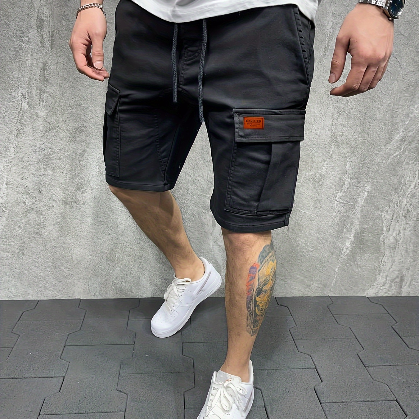 

Casual Solid Men's Regular Fit Elastic Waist Cotton Cargo Shorts With Side Pockets For Summer Outdoor Leisure And Work