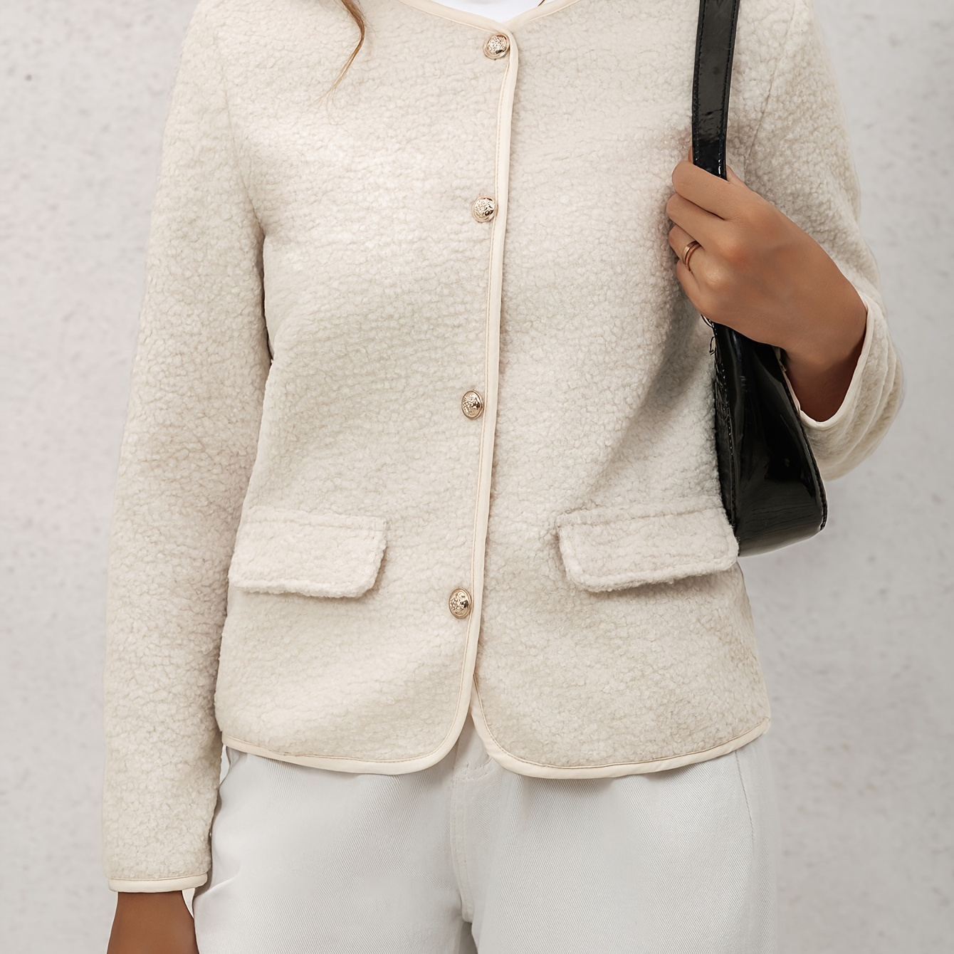 

Button Front Long Sleeve Jacket, Casual Solid Color Crew Neck Jacket For Spring & Fall, Women's Clothing