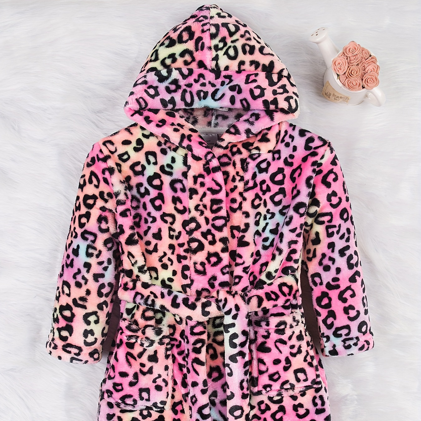 

Girl's Leopard Flannel Hooded Bathrobe - Warm & Robe With Belt For Daily Wearing