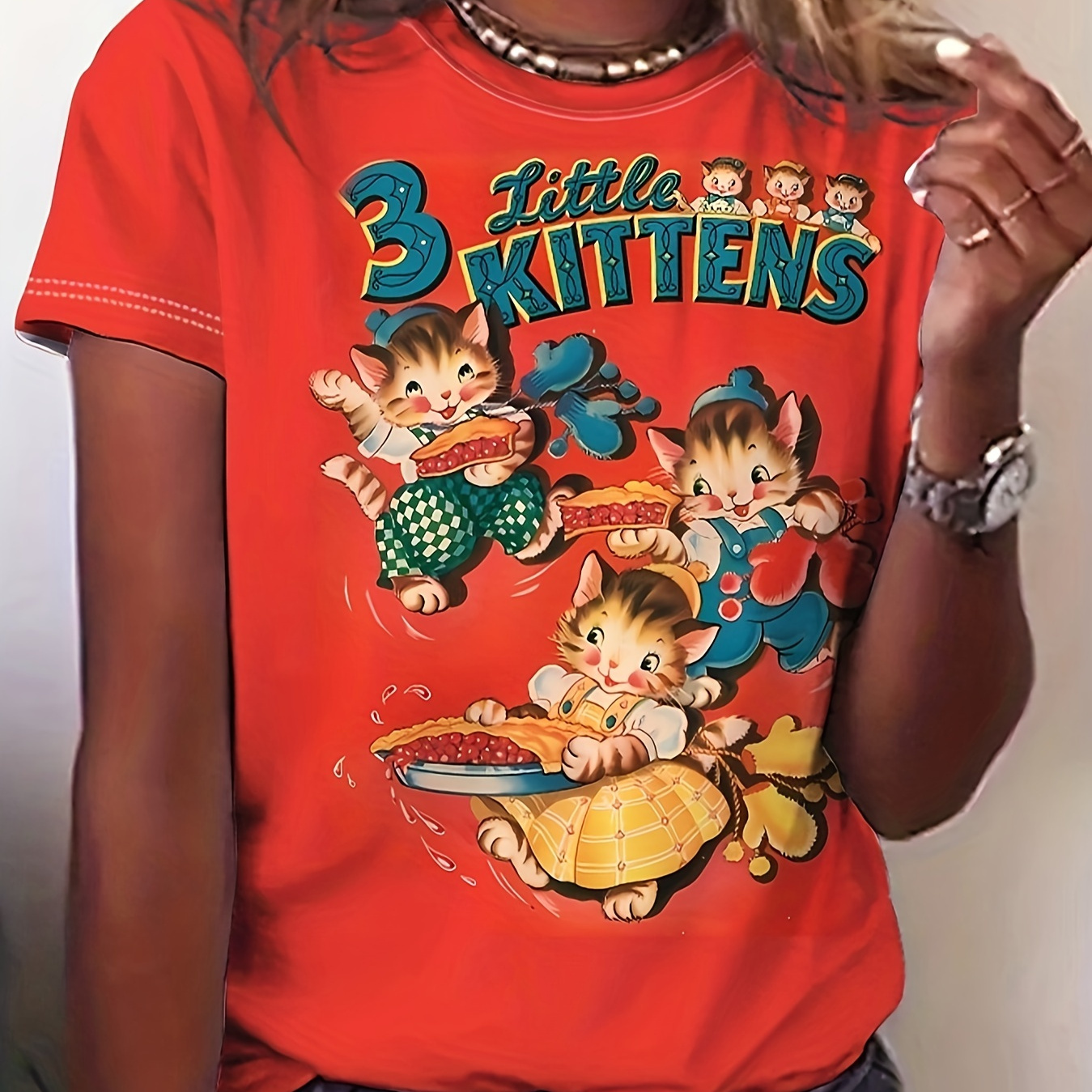 

Kitten Print Crew Neck T-shirt, Casual Short Sleeve Top For Spring & Summer, Women's Clothing
