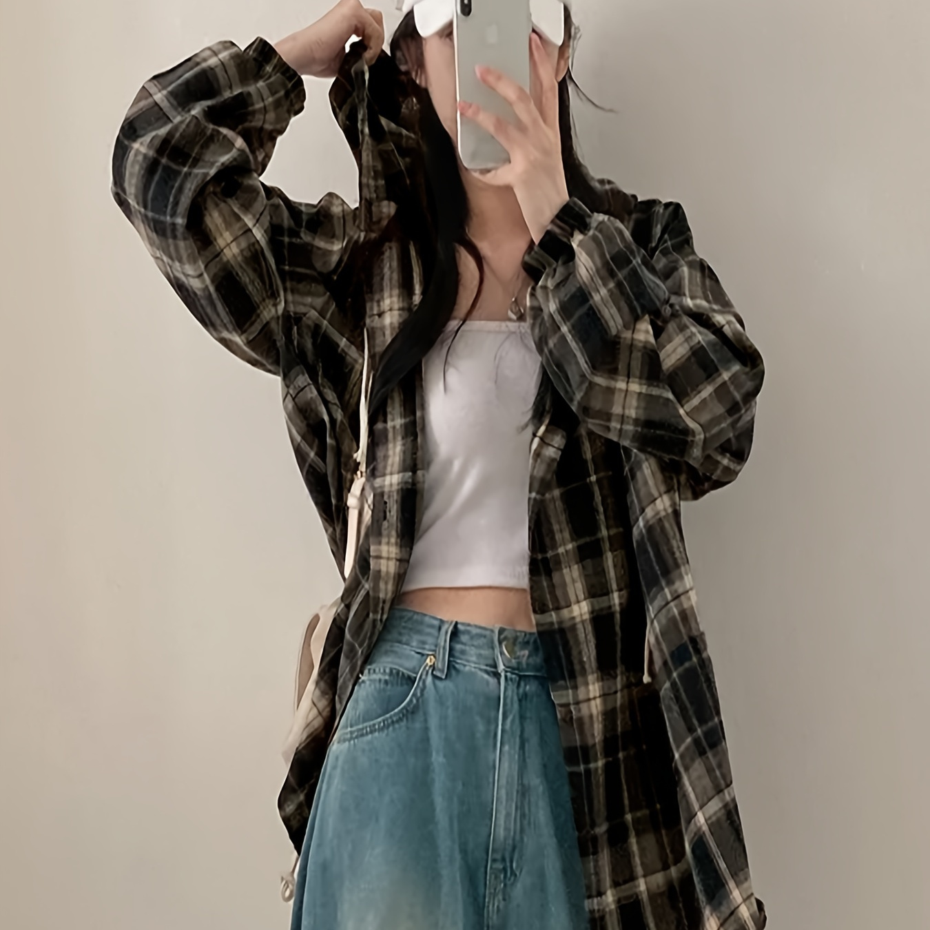 

Casual Cotton Blend Tartan Hooded Shirt - Long Sleeve Drop Shoulder Asymmetrical Hem Plaid Hoodie For Women - Loose Fit Woven Spring/fall Fashion Top