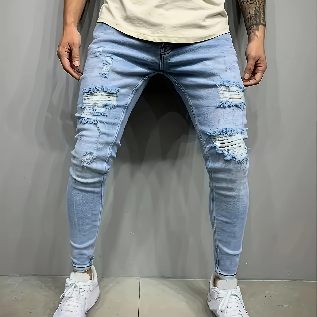 

Men's Skinny Stretch Jeans - Light Wash Distressed Denim, Cotton Blend, Spandex & Polyester, Basic Solid Color, Medium Stretch, Regular Length, Spring/fall, Woven Fabric, Applicable For Men