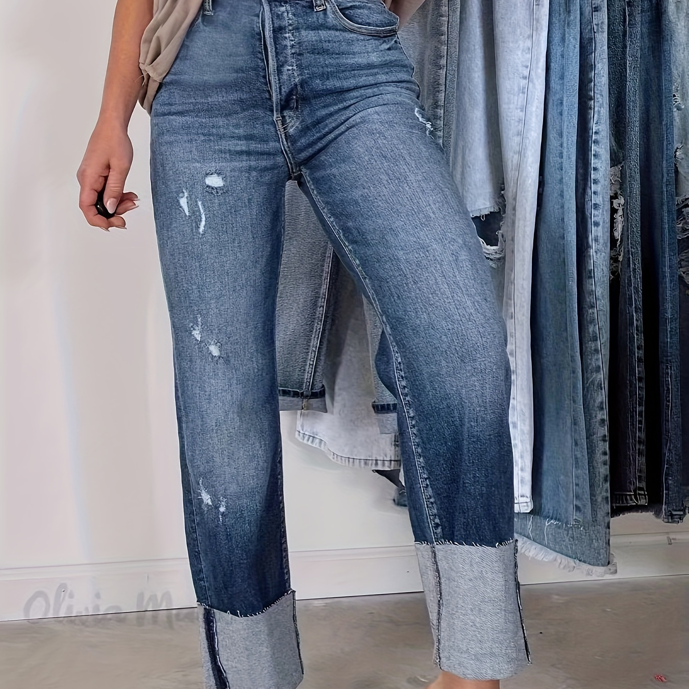 

Rolled Hem Frayed Straight Jeans, Double-button High Elastic Versatile Denim Pants, Women's Denim Jeans & Clothing