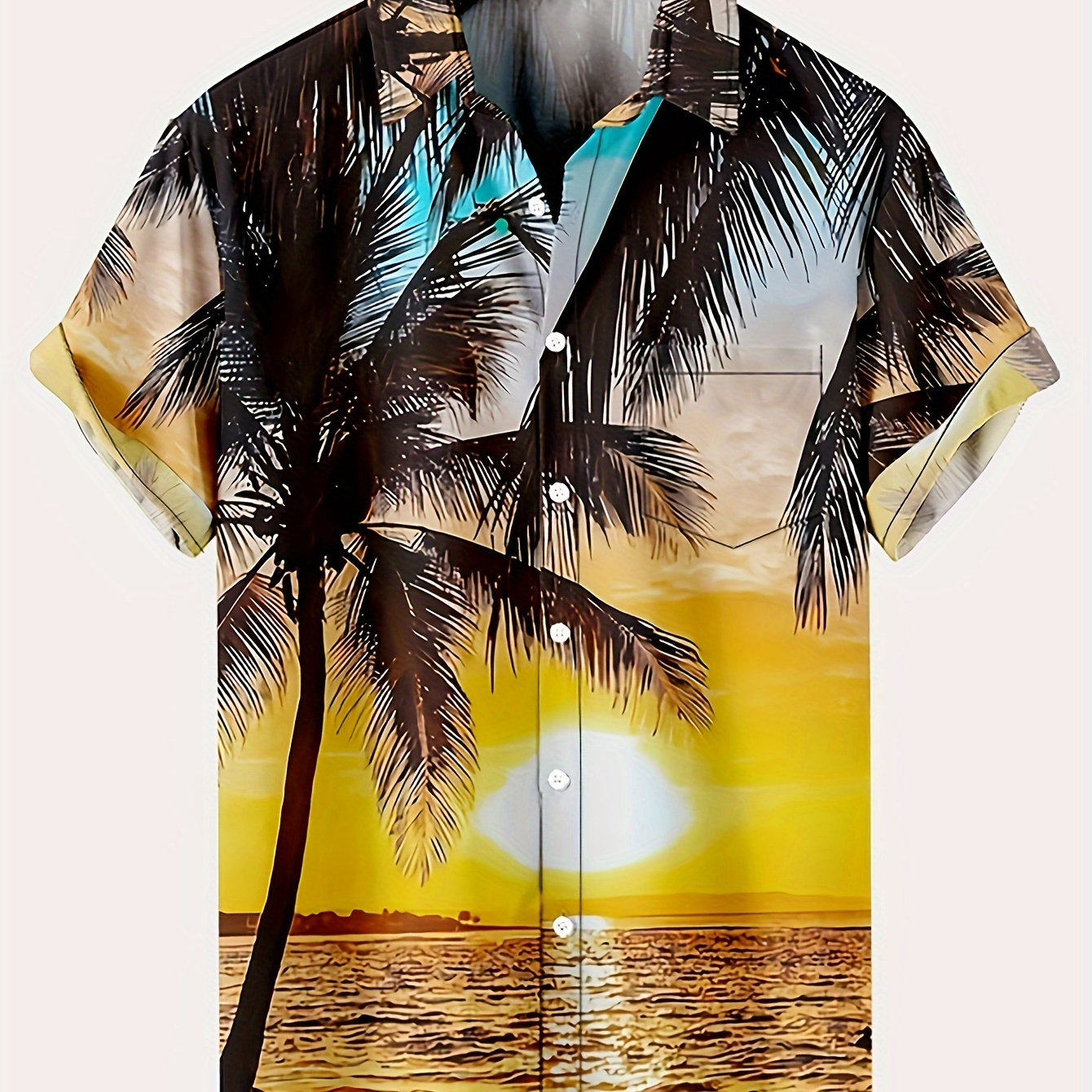 

Plus Size Men's Summer Coastal Shinning Graphic Print Shirt For Summer, Hawaiian Style Short Sleeve Shirt