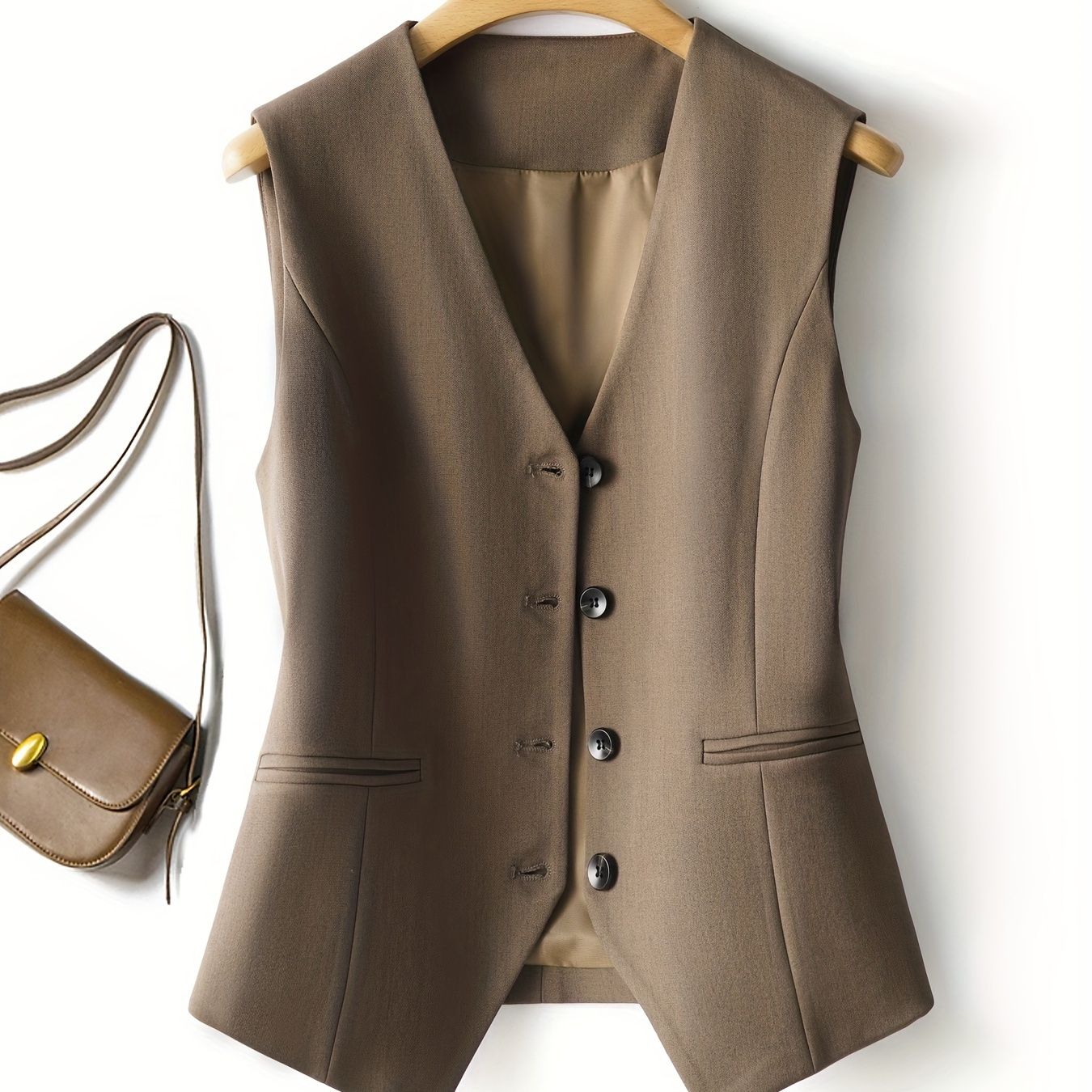 

Solid Color Button Front Vest, Elegant Slim V Neck Sleeveless Vest For Spring & Fall, Women's Clothing