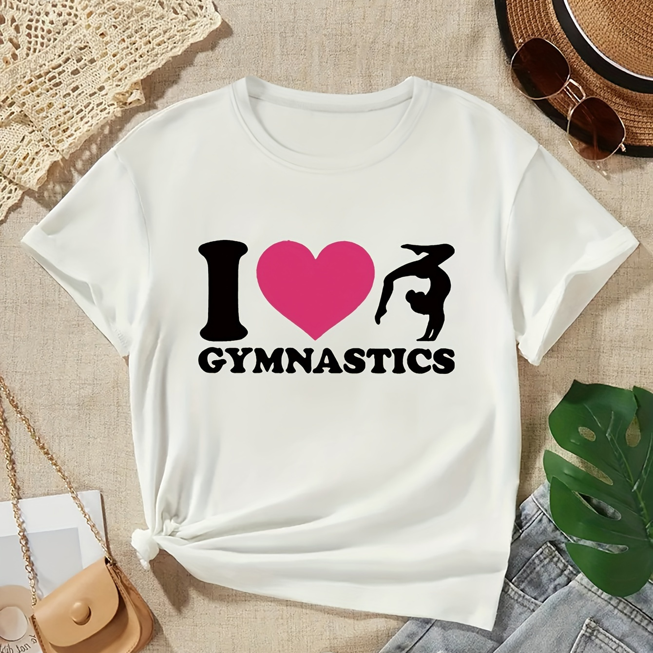 

Girl's Summer Fashion Printed Casual T-shirt, Multiple Colors & Sizes, Round Neck Short Sleeve Top With "i Love Gymnastics" Design, Soft Stretch Knit