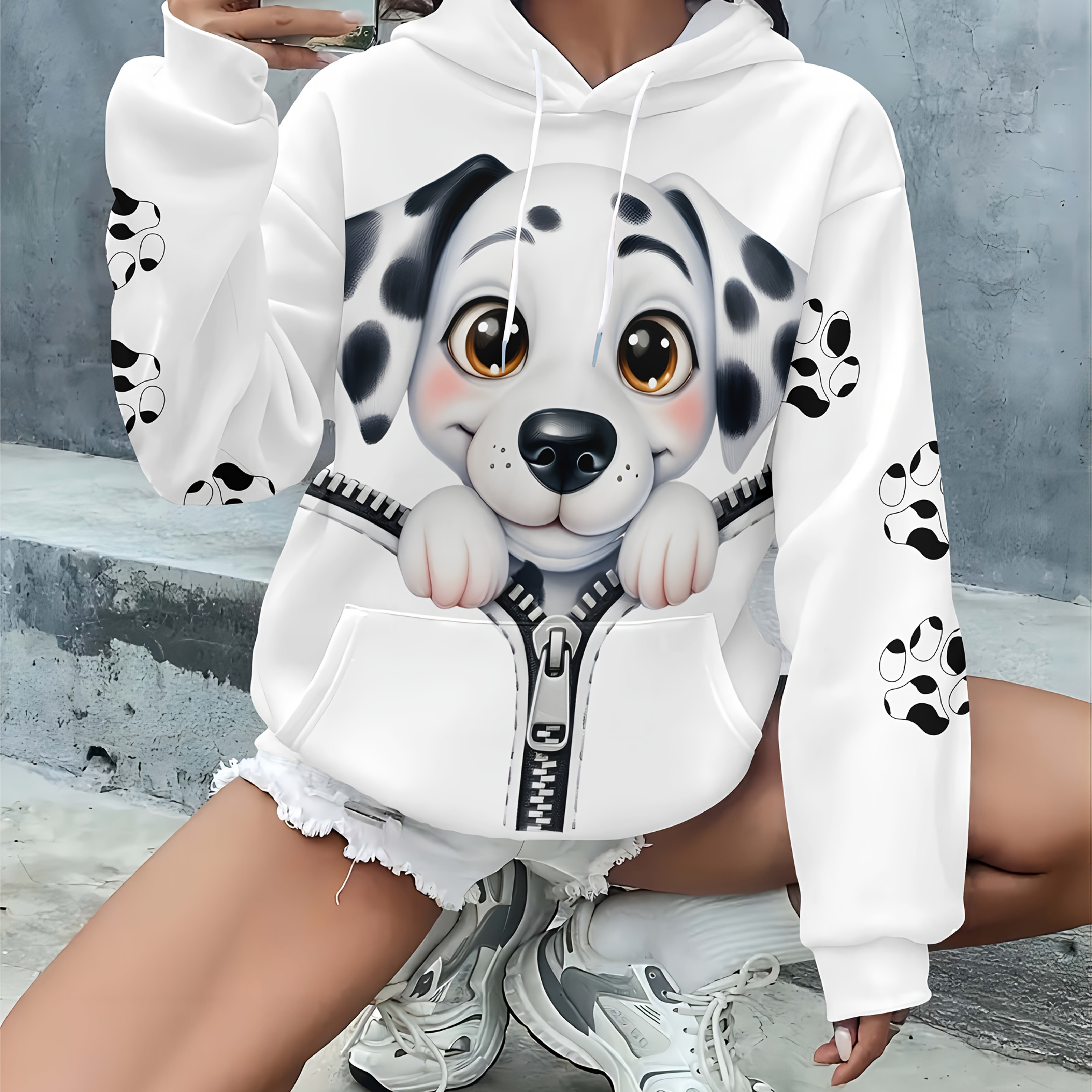 

Cute Dog Print Hoodie For Women - Casual White Pullover With Drawstring Kangaroo Pocket, Polyester, Machine Washable - Perfect Gift For Fall/winter, Plus Size, Hooded Sweatshirt