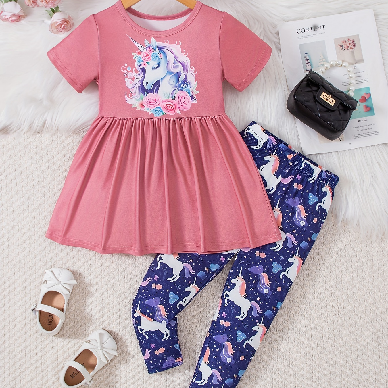 

Sweet Unicorn Graphic 2pcs Outfits Girls Short Sleeve Top + Pants Set Summer Party Gift