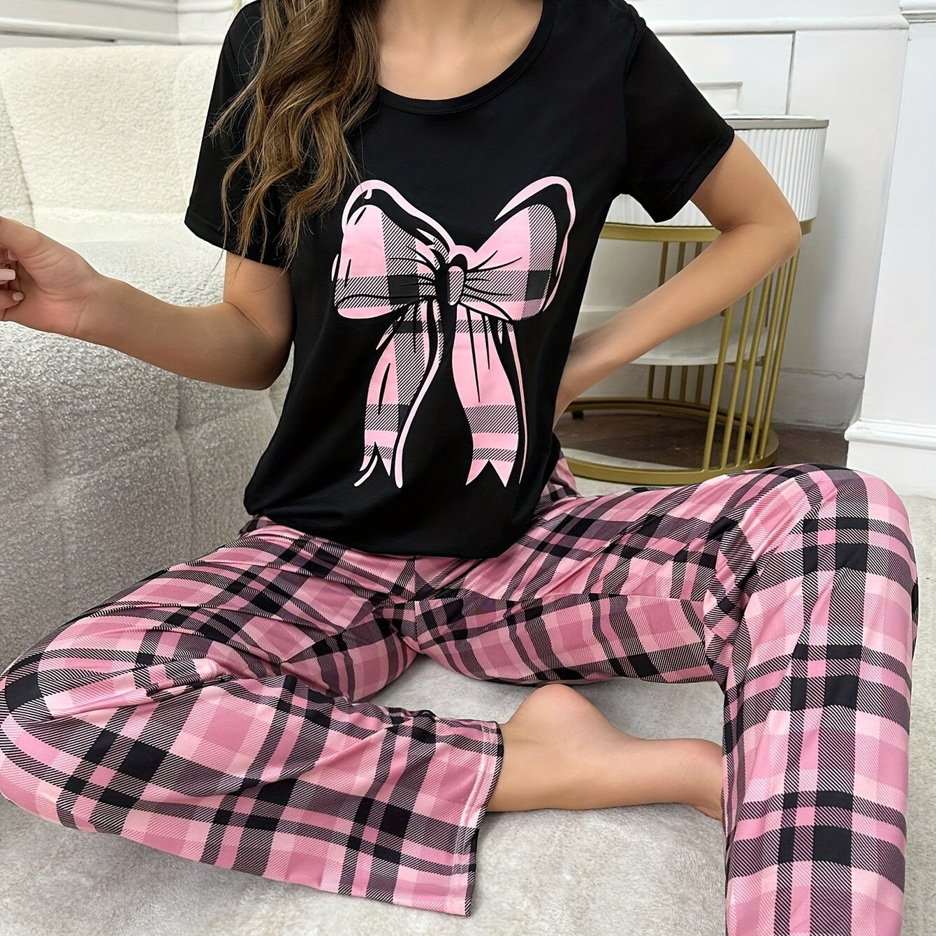 

1set Women's Casual Pajama Set, Knot Print, Crew Neck Short Sleeve Top And Long Pants, Knit Polyester With Elastane, All Season Loungewear