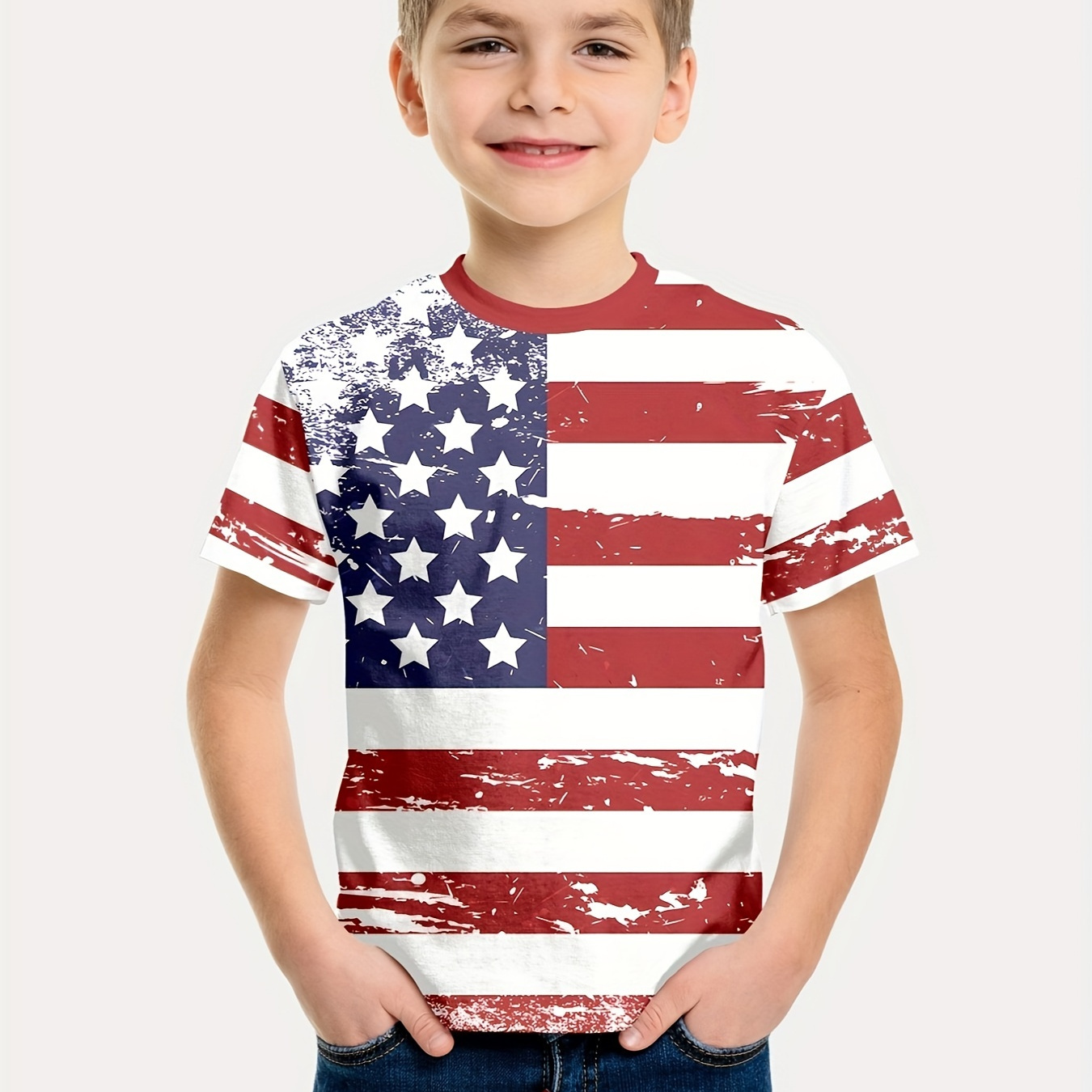 

Stylish American Flag 3d Print Boys Creative T-shirt, Casual Lightweight Comfy Short Sleeve Tee Tops, Kids Clothings For Summer