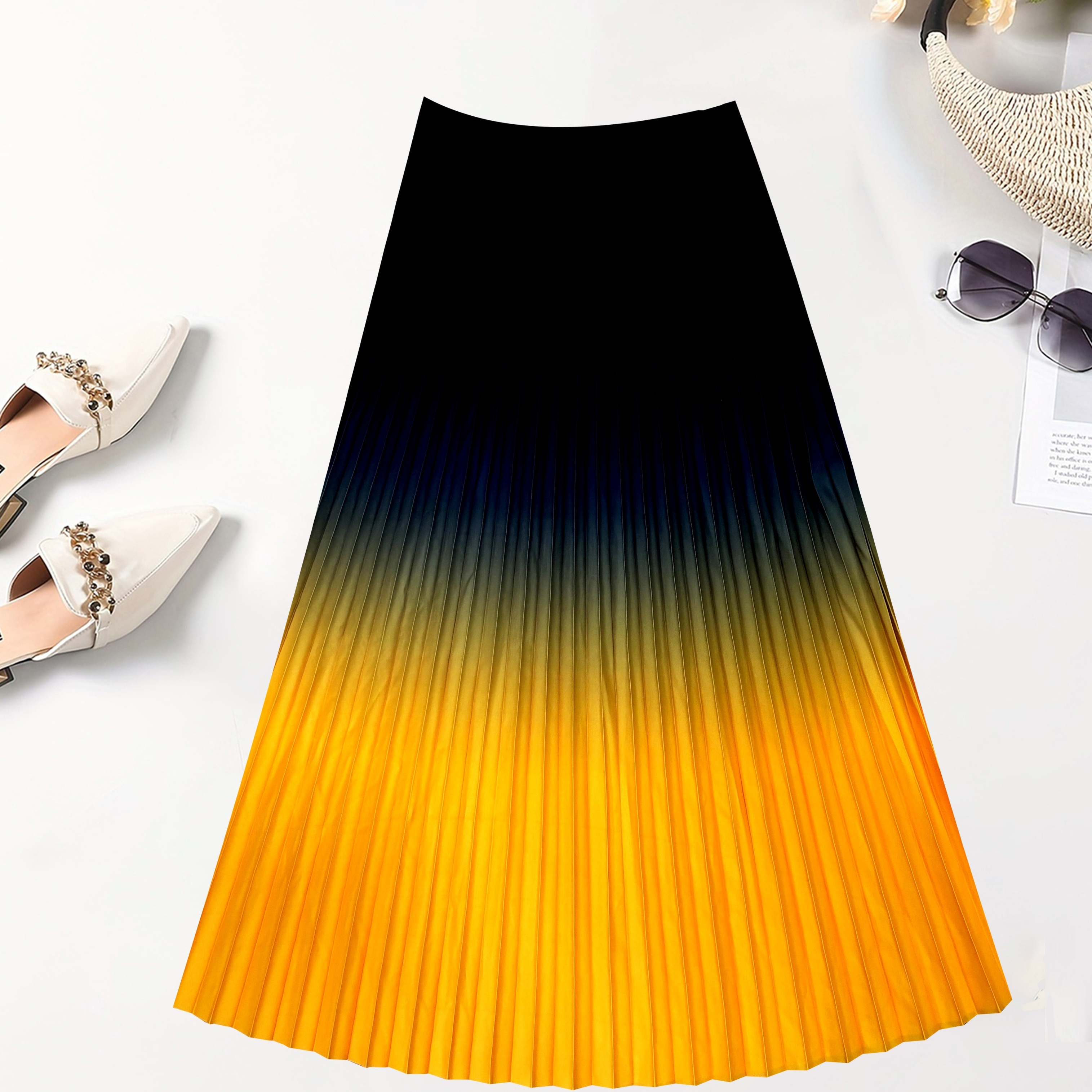 

Women's Pleated Midi Skirt, Stylish Gradient Color Printed, Casual Style, Perfect For Home And Street Wear