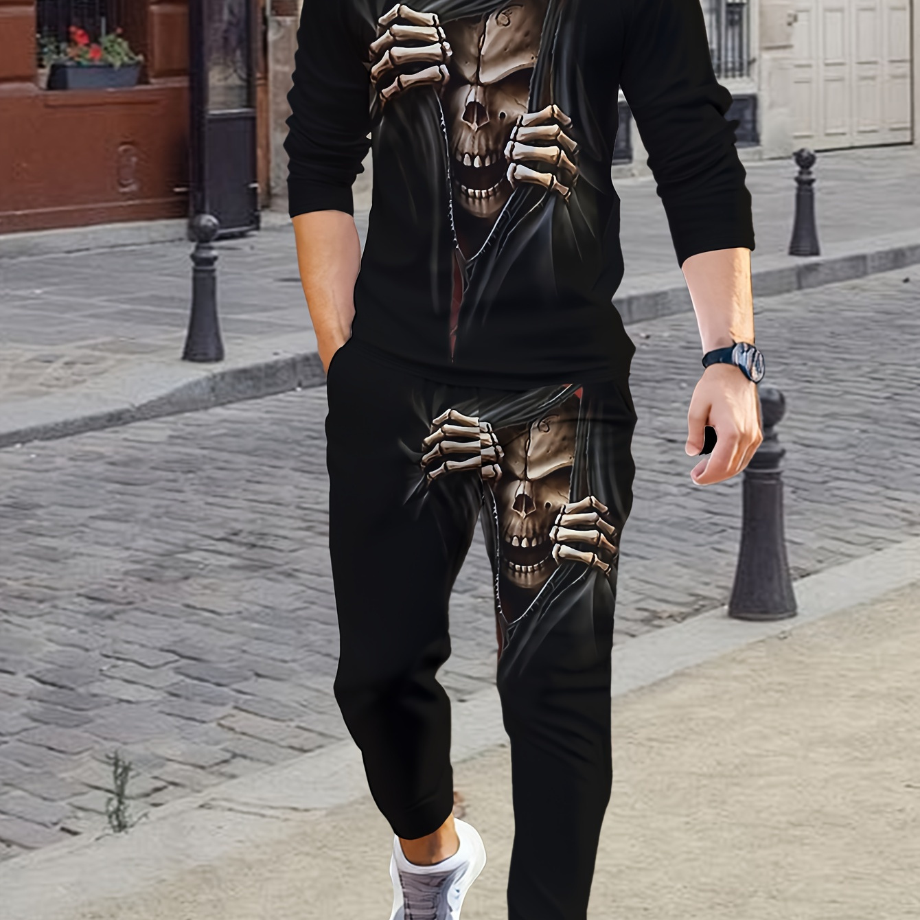 

Men's 3d Skull Printed Casual Sports Set, Long Sleeve Round Neck Sweatshirt And Sweatpants Combo, Geometric Pattern, Knit Fabric, Polyester 100%