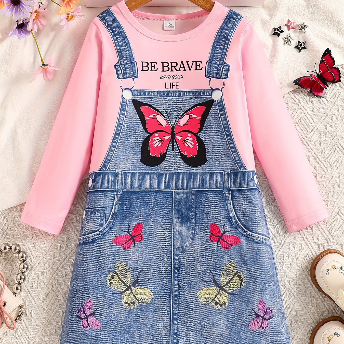 

Girls Stylish & Creative Imitation Denim Suspender Dress Print Dress For Spring & Fall, Perfect Gifts For Outdoors