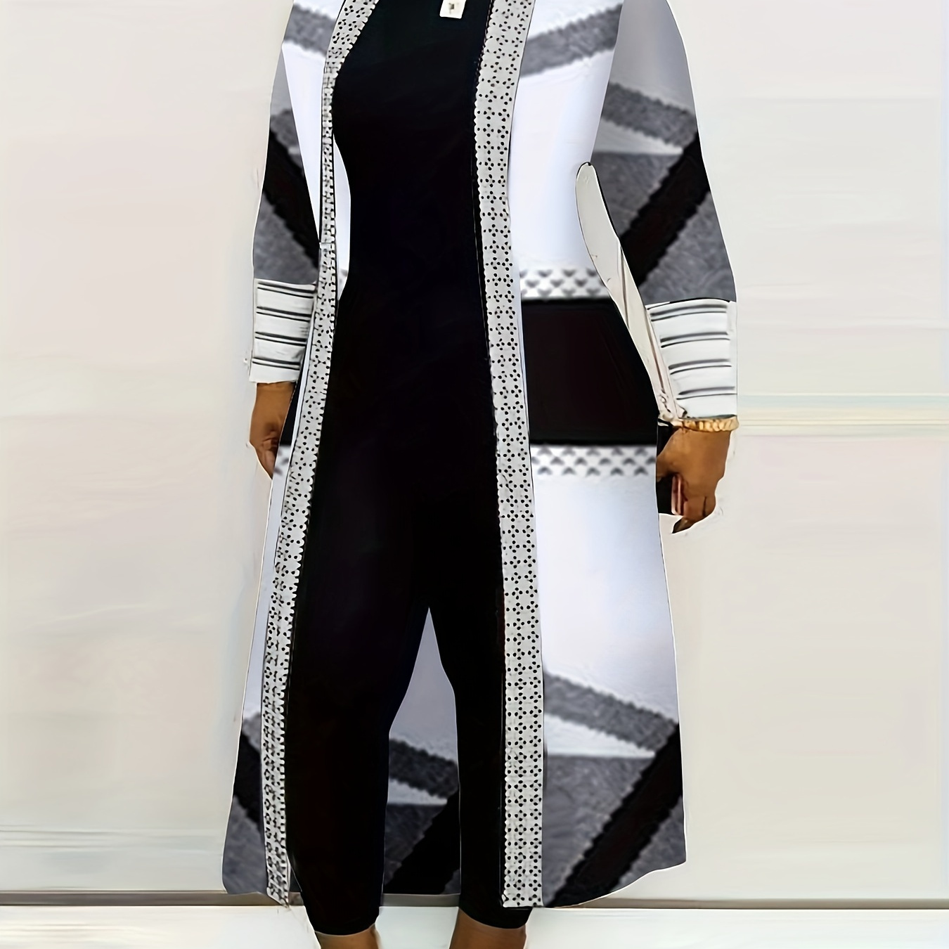 

Plus Size Geometric Print Open Front Coat, Casual Long Sleeve Long Length Cardigan For Spring & Fall, Women's Plus Size Clothing