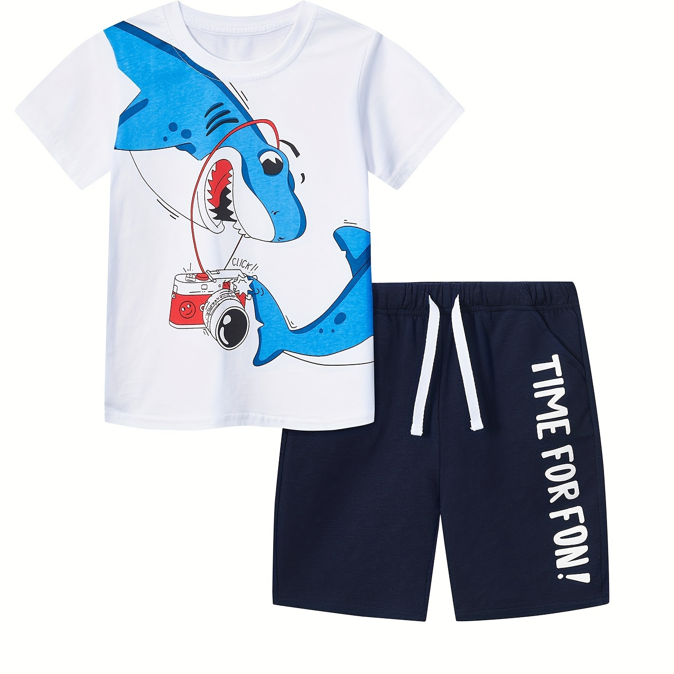 

Boys Summer Set Children's Round Neck Pure Cotton Knitted Cartoon Animal Short Sleeve T-shirt Letter Pocket Shorts Set 2-6y