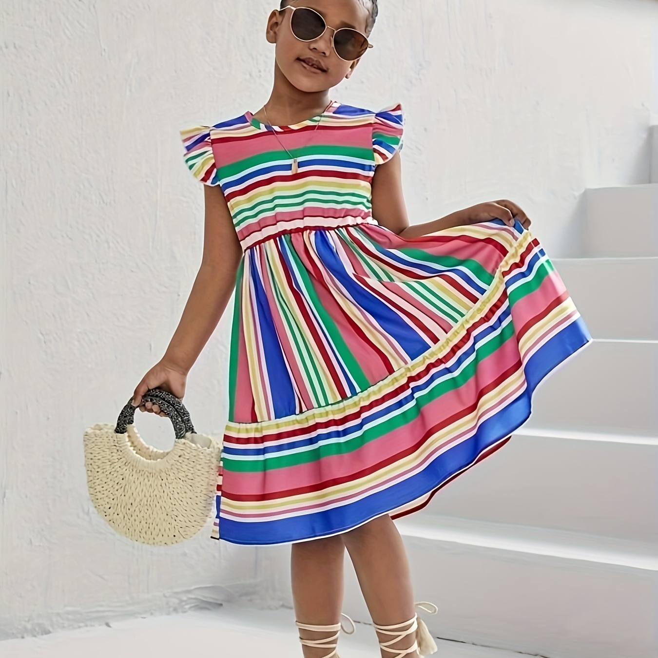 

Sweet Girls Boho Style Stripped Flutter Trim Sleeveless Dress For Summer Holiday Gift Beach Vacation