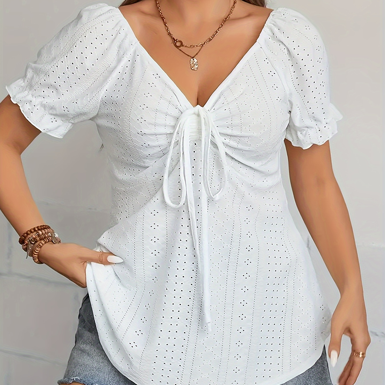 

Eyelet Drawstring Ruched V-neck T-shirt, Casual Puff Sleeve T-shirt For Spring & Summer, Women's Clothing