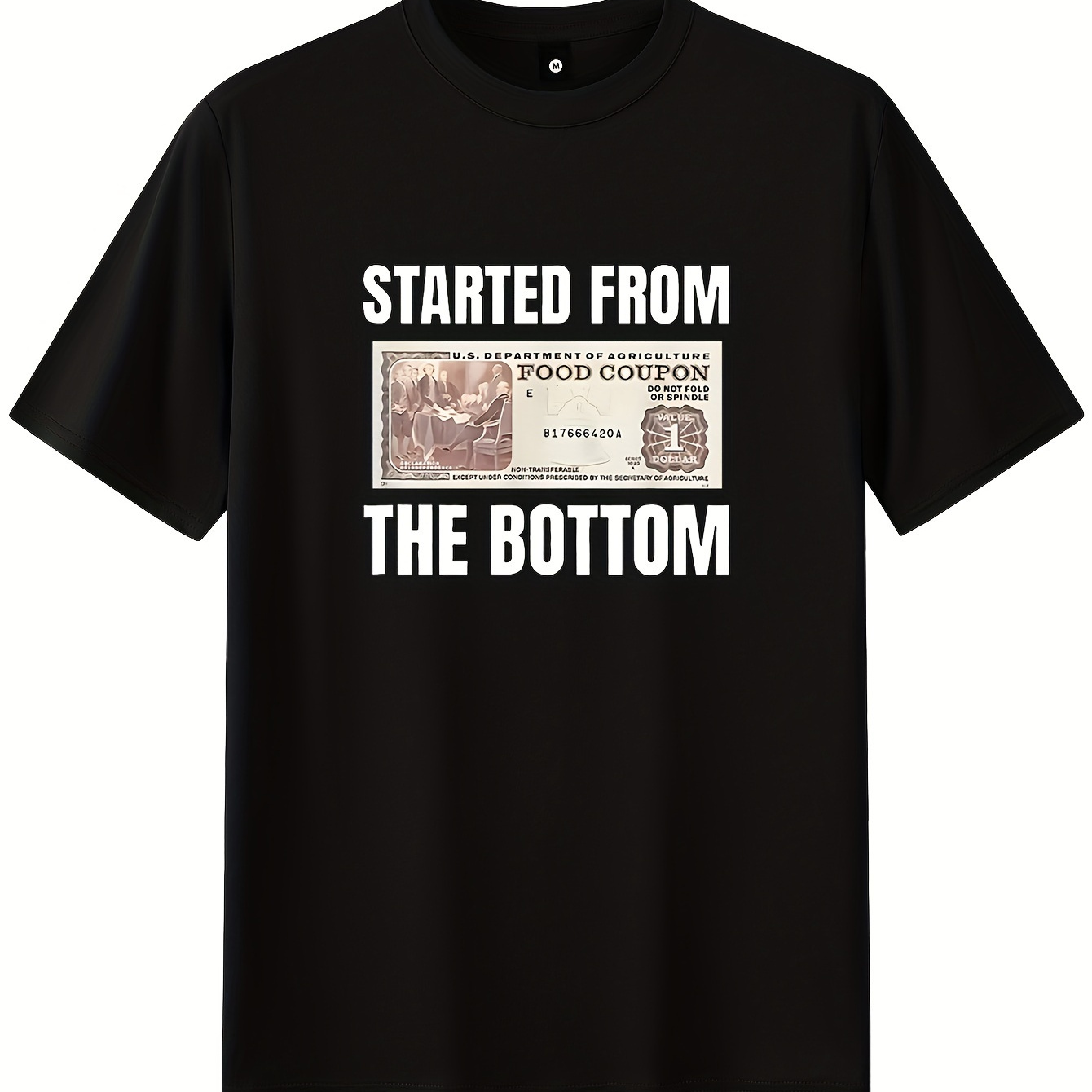 

Started From The Bottom And Food Coupon Pattern Print Men's T-shirt, Casual Short Sleeve Crew Neck Top, Comfy Breathable And Versatile Summer Clothing For Outdoor Fitness & Daily Commute