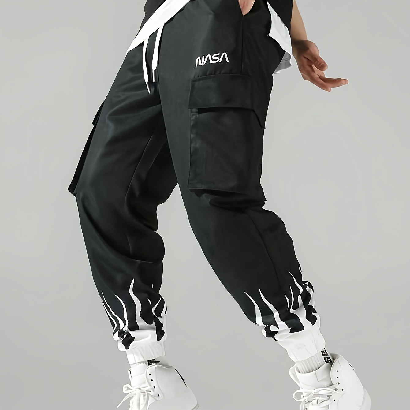 

Men's Color Blocking Flame Pattern Jogger Cargo Pants With Drawstrings, Casual Stylish Trousers As Gift