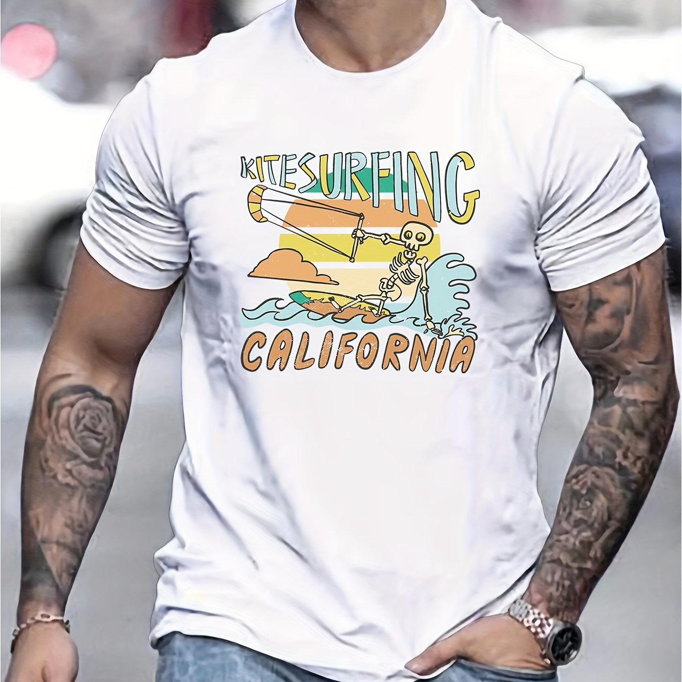 

Kitesurfing California Print Tee Shirt, Tees For Men, Casual Short Sleeve T-shirt For Summer