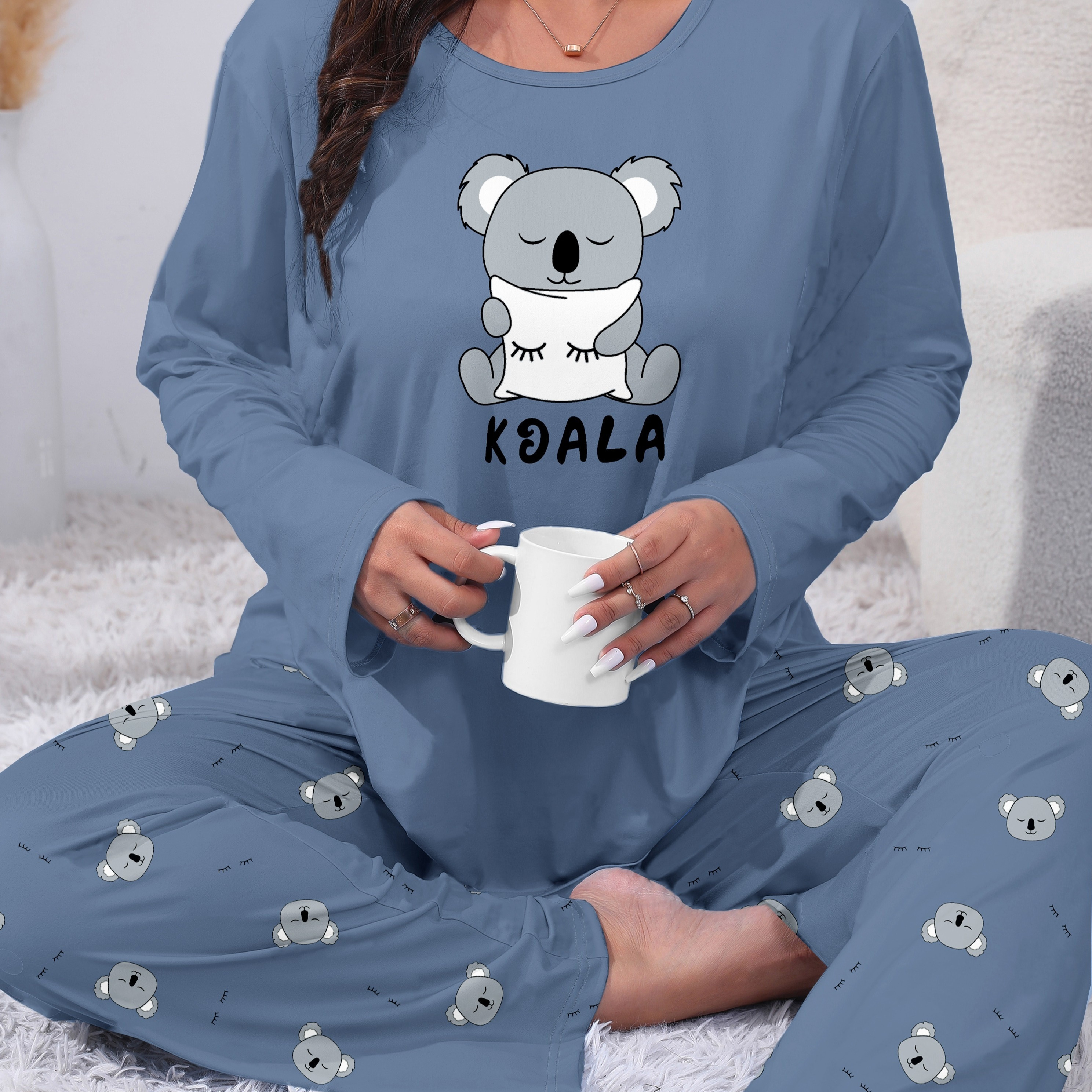 

Cozy Plus Size Koala Print Pajama Set For Women - Long Sleeve & Pants, Soft Polyester , Machine Washable