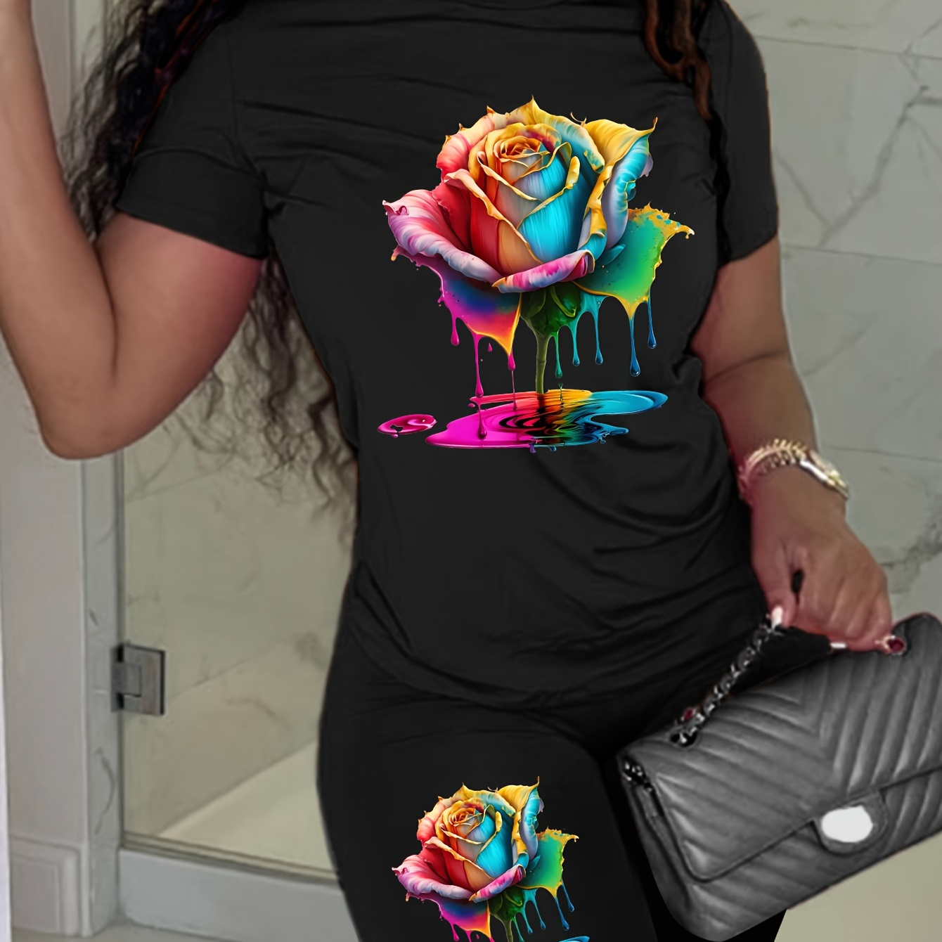

Rose Print Two-piece, Short Sleeve Crew Neck T-shirt & Biker Shorts Outfits, Women's Clothing