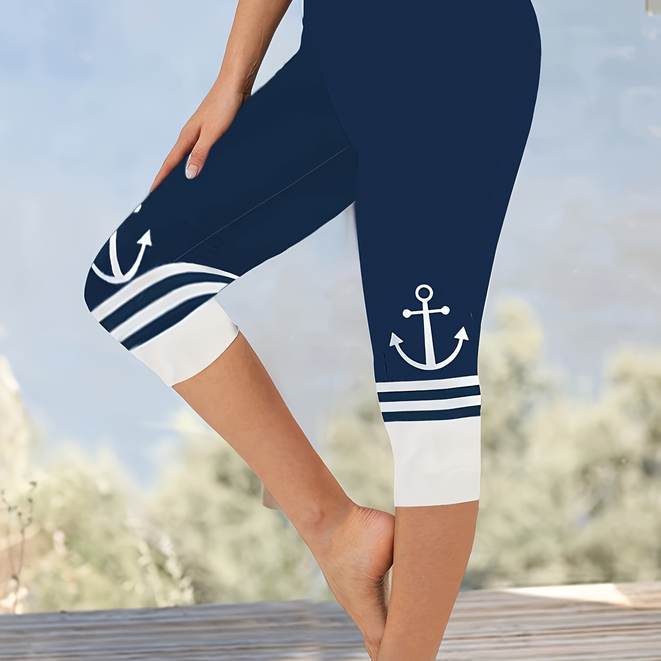 

Anchor Print Color Block Cropped Leggings, Casual High Waist Every Day Skinny Stretchy Leggings, Women's Clothing