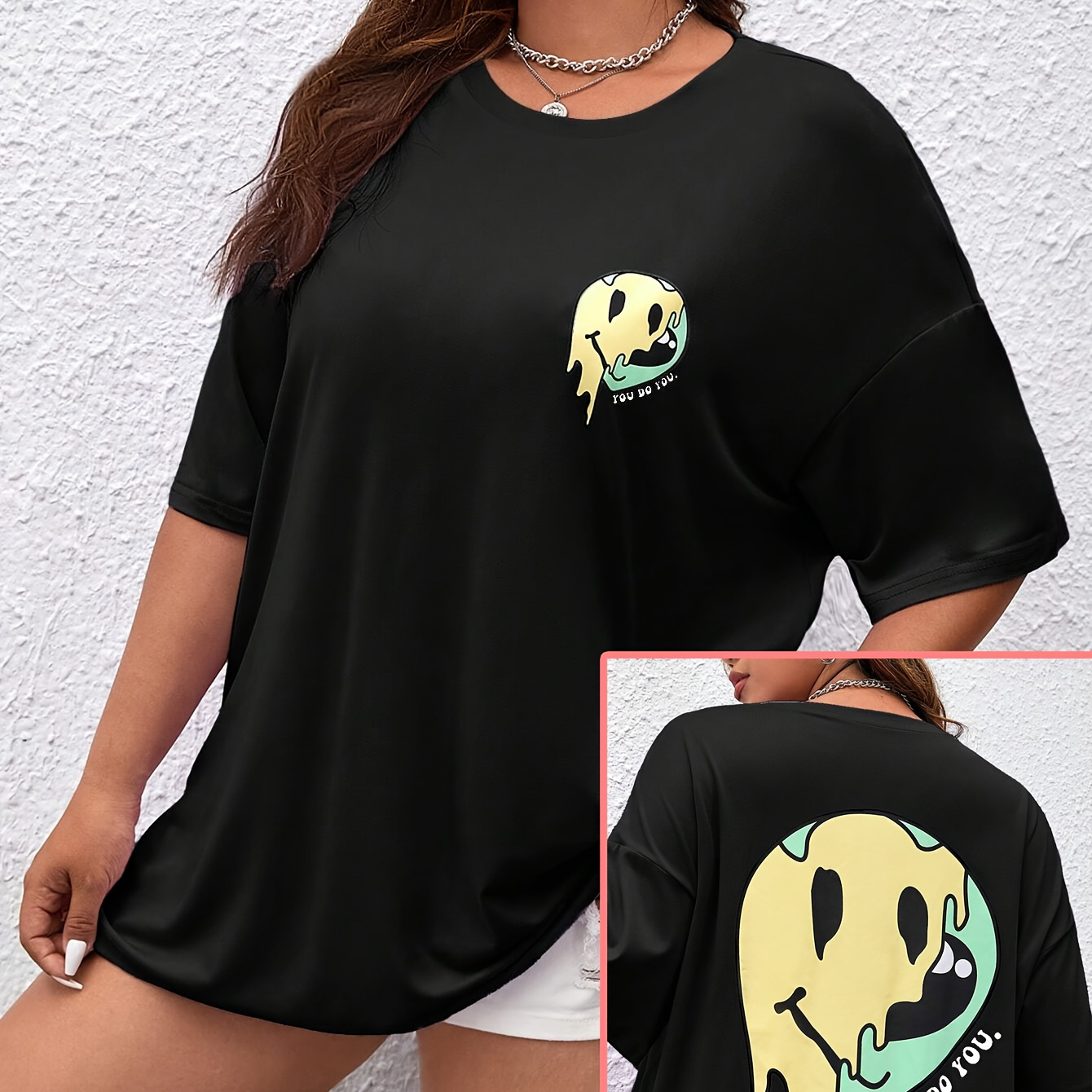 

Smile Face Print Drop Shoulder T-shirt, Short Sleeve Crew Neck Casual Top For Spring & Summer, Women's Clothing