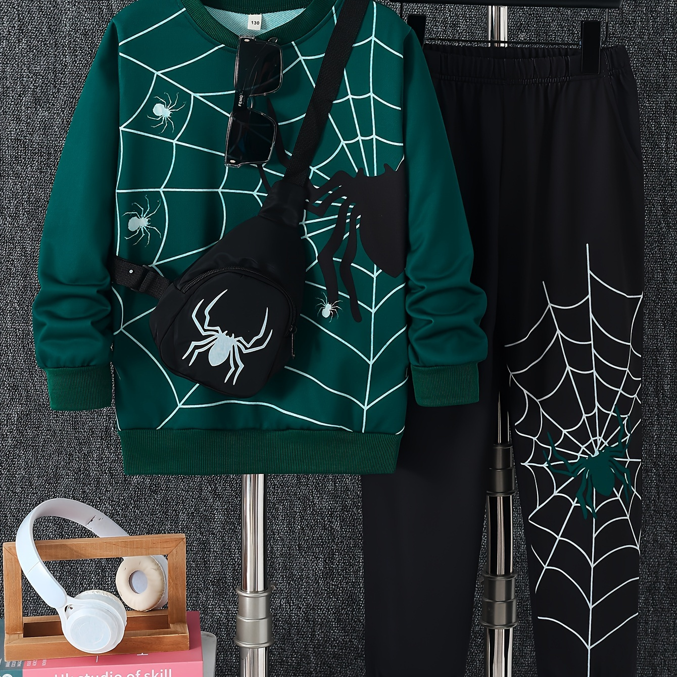 

Boy's 3-piece Casual Co Ord Set, Spider Web Print Versatile Long Sleeve Sweatshirt And Jogger Pants With Bag, Comfy Spring Fall Clothes