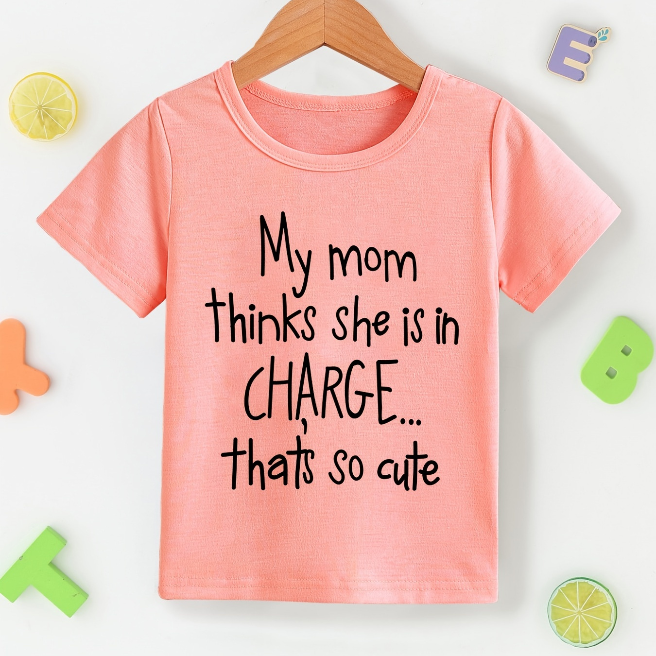 

Toddler Girls Letter "my Mom Thinks" Graphic T-shirt Casual Sports Round Neck Short Sleeve Tees Top Kids Summer Clothes