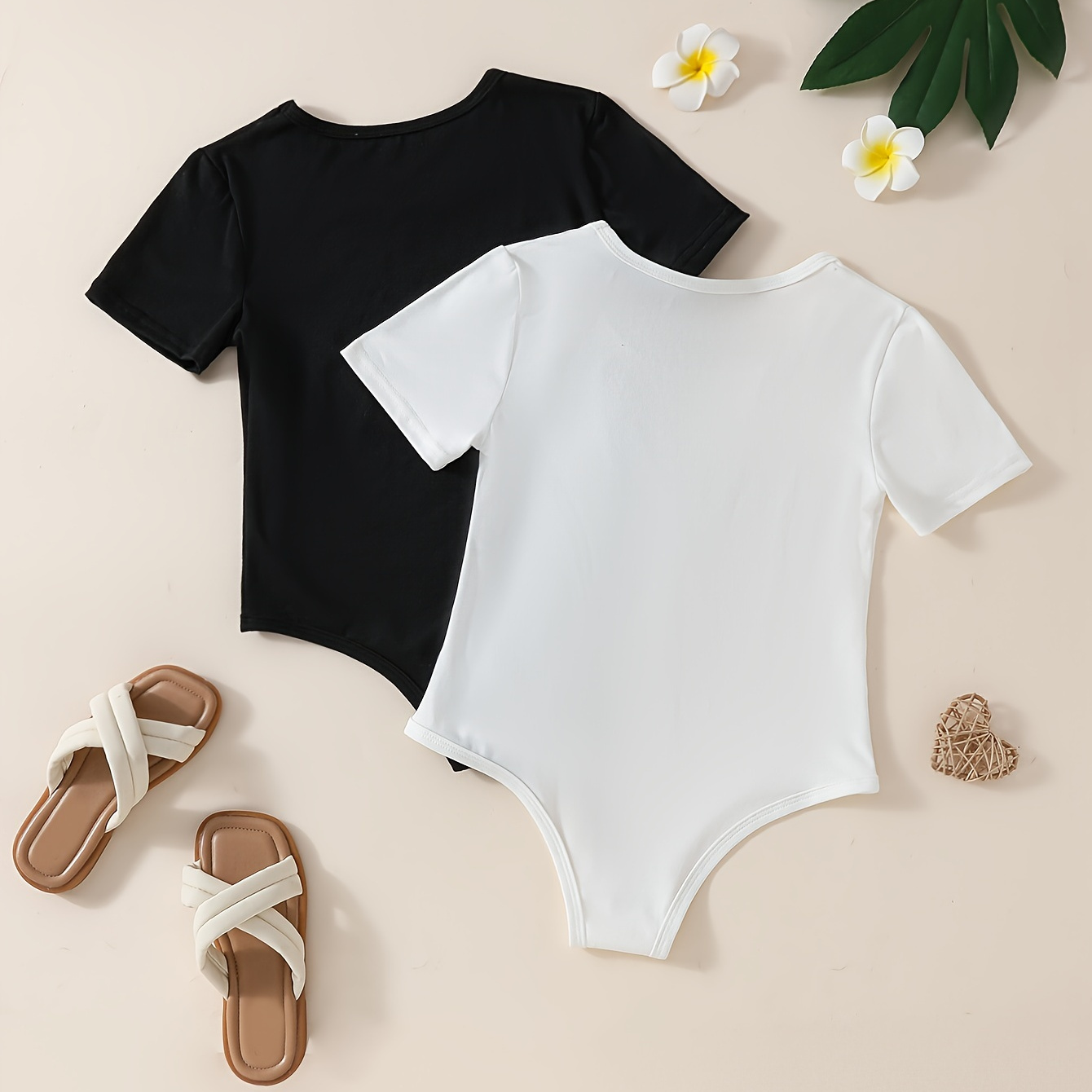 

2pcs Stretchy Slim Short Sleeve Bodysuit T-shirt Set For Girls, Stylish Tops For Summer Holiday Party Gift