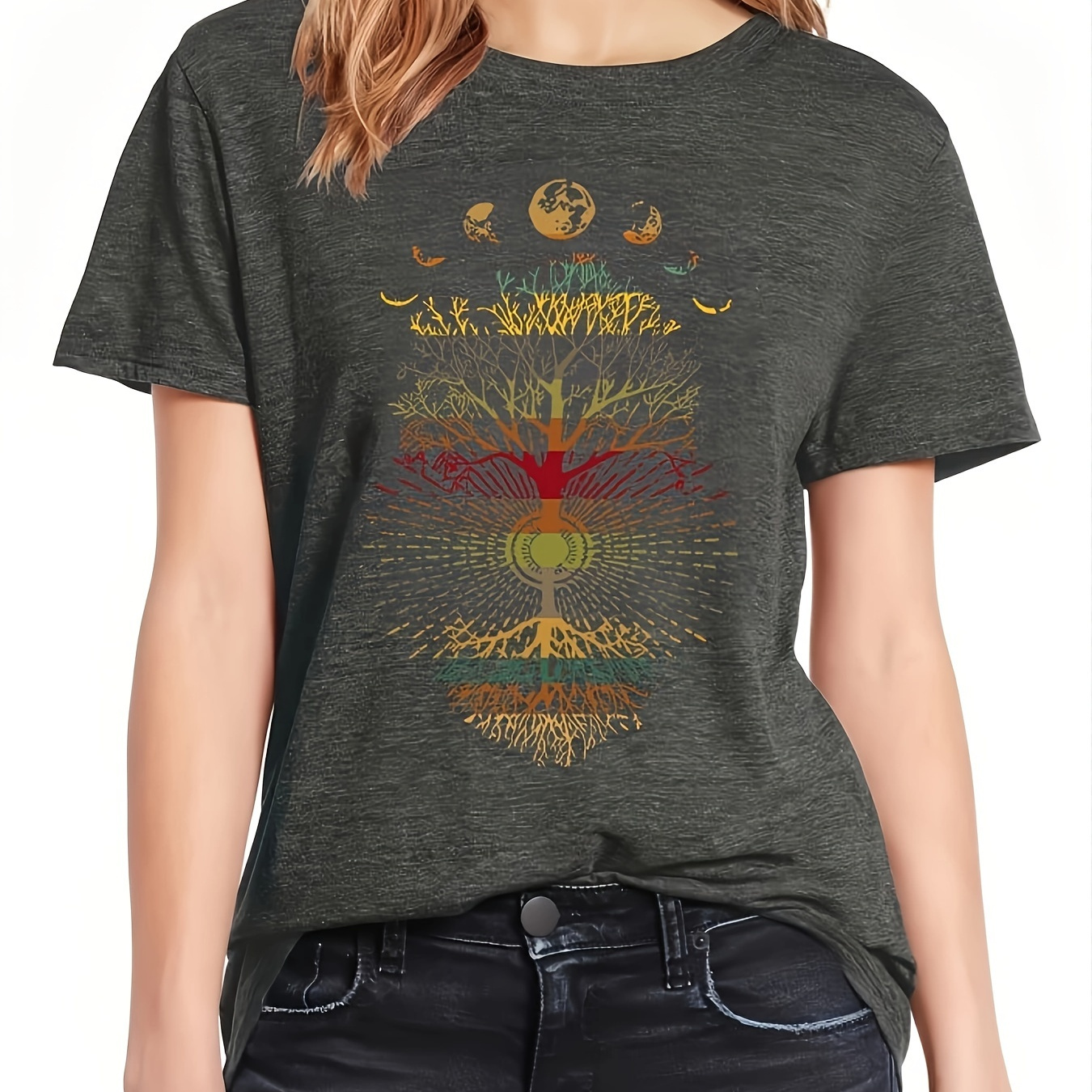 

Colorful Tree Print T-shirt, Short Sleeve Crew Neck Casual Top For Summer & Spring, Women's Clothing