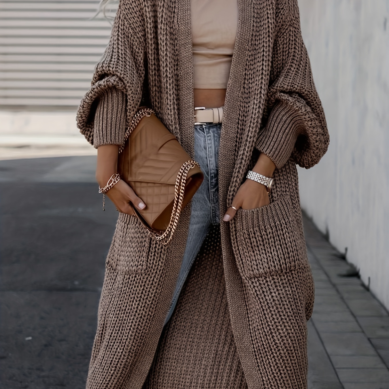 

Gilet en à poche ouverte, cardigan décontracté à manches longues de couleur unie pour et l'hiver, vêtements pour femmes