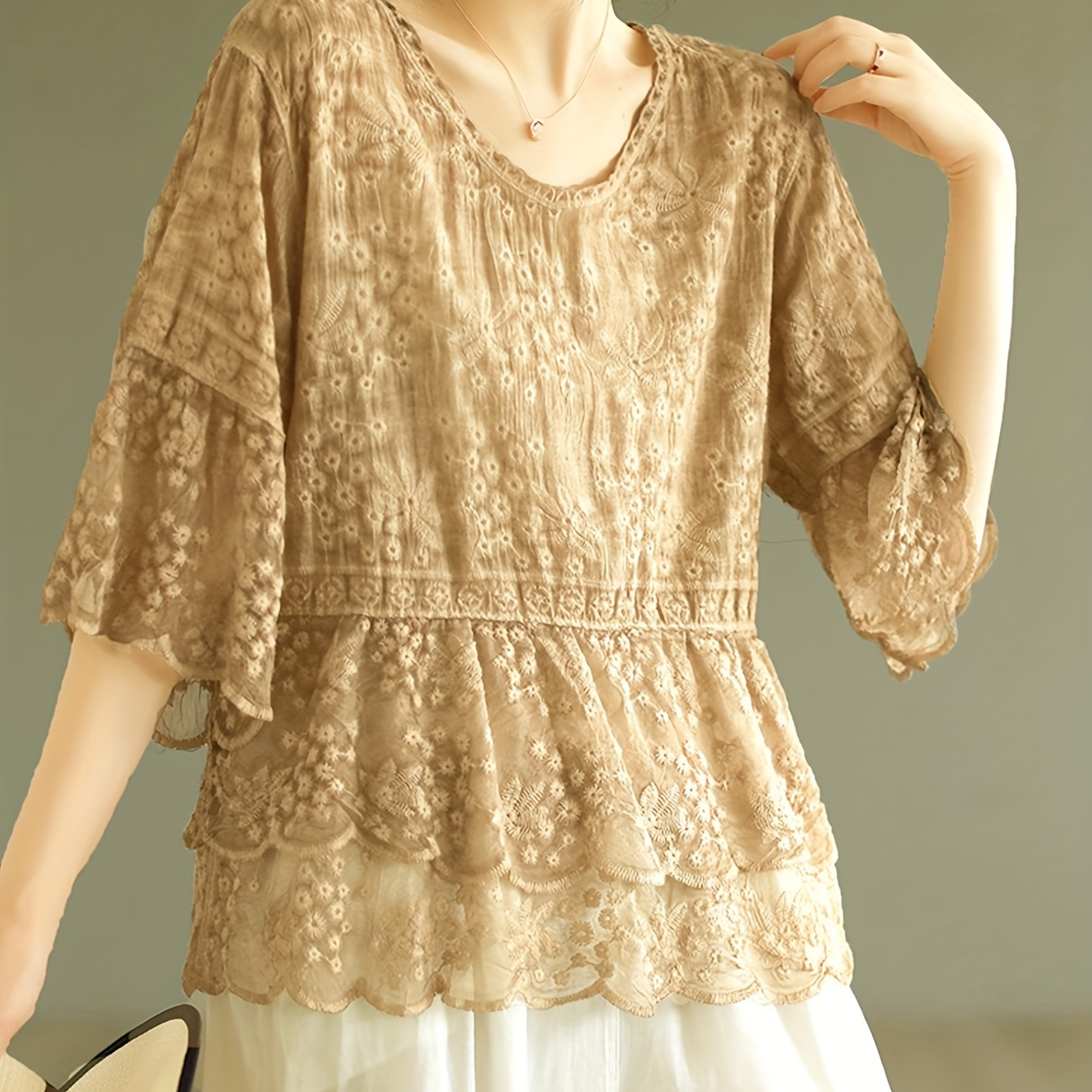 

Lace Eyelet Embroidered Crew Neck Blouse, Elegant -quarter Sleeve Layered Ruffle Hem Blouse For Summer & Spring, Women's Clothing