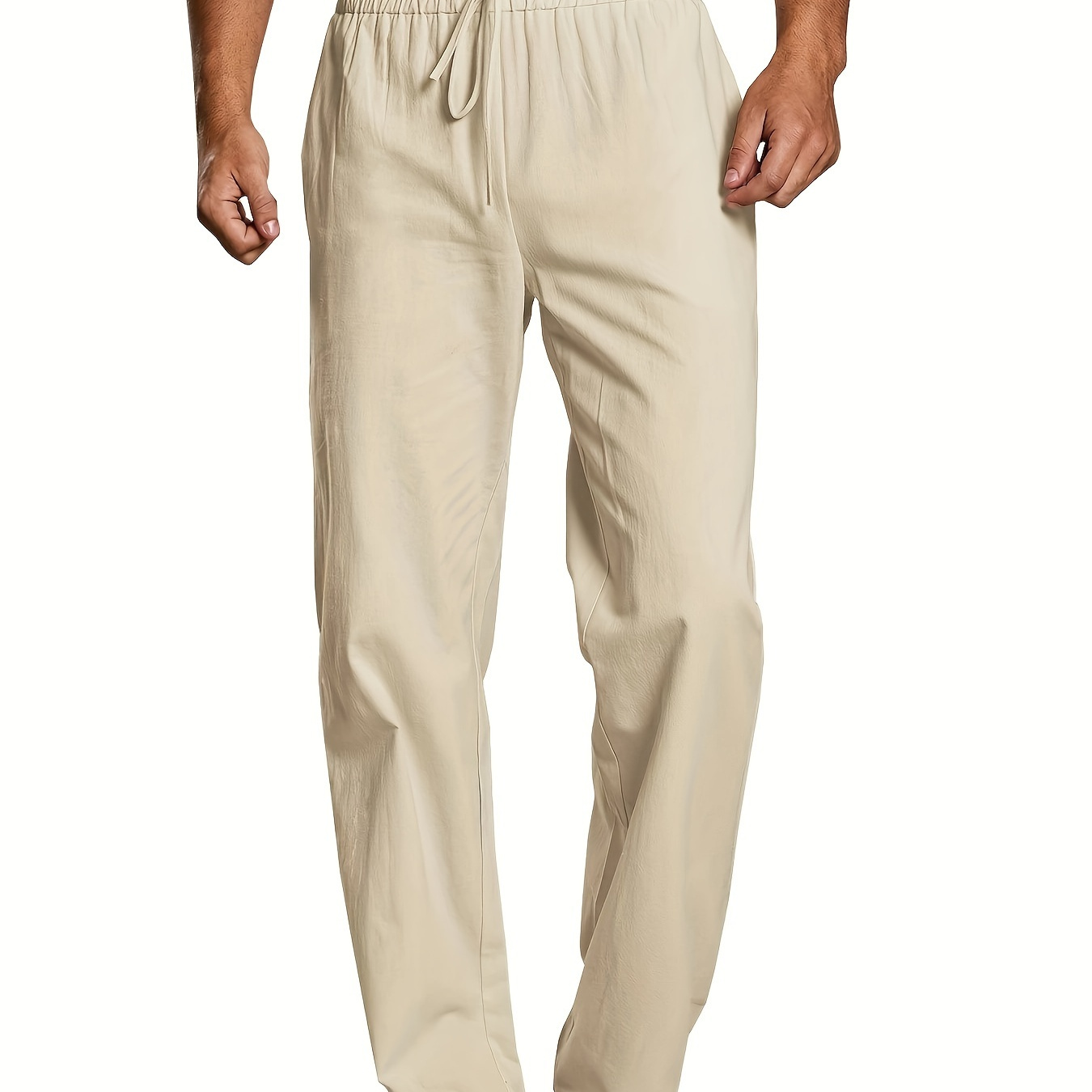 

Men's Casual Linen Pants With Drawstring, Loose Fit Straight-legs, Summer Trousers, Breathable Solid Color Clothing