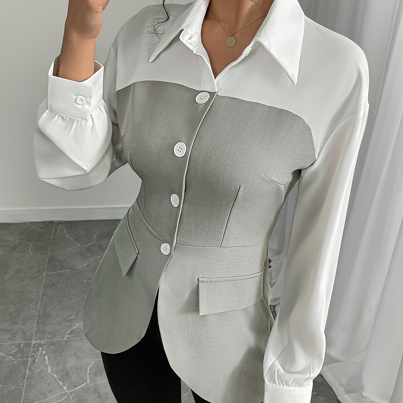 

Women's Elegant Peplum Shirt, Long Sleeve, Solid Color, Polyester 100%, Lapel Collar, Single Breasted With Button Detail, Regular Length, Woven Fabric, 126/200 G/m², For Spring/fall - Adult Fashion