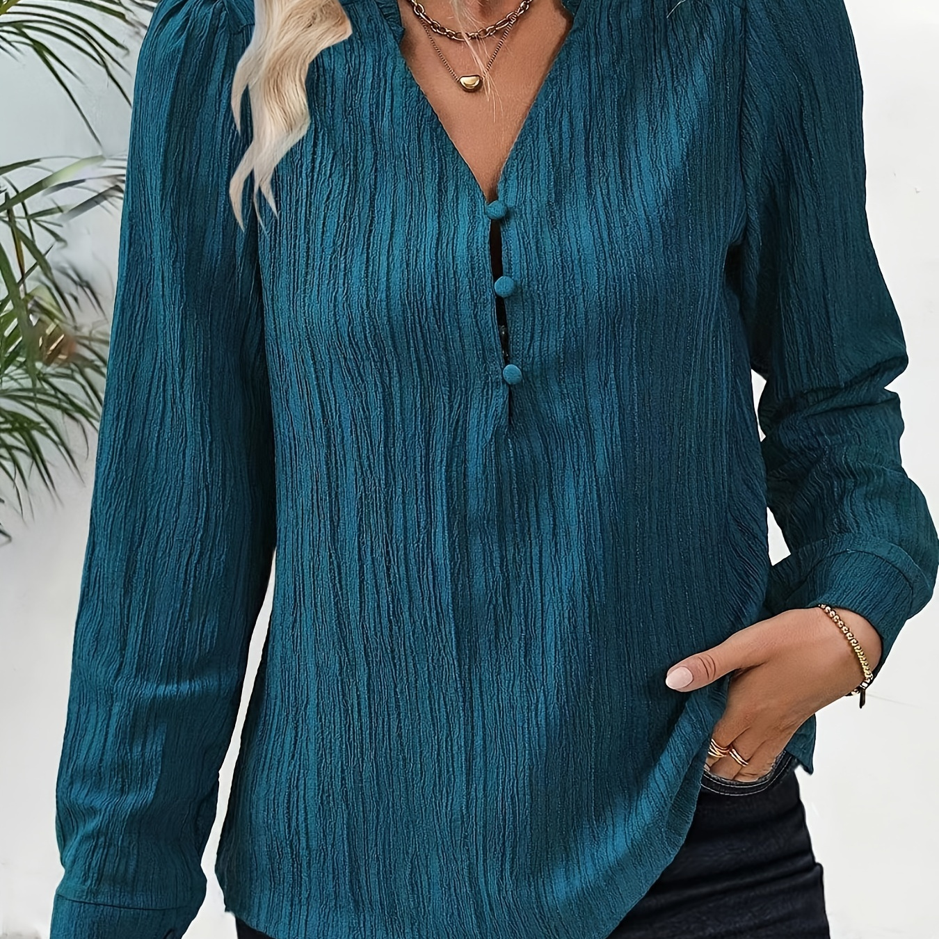 

Textured Frill Trim V Neck Blouse, Elegant Long Sleeve Top For Spring & Fall, Women's Clothing