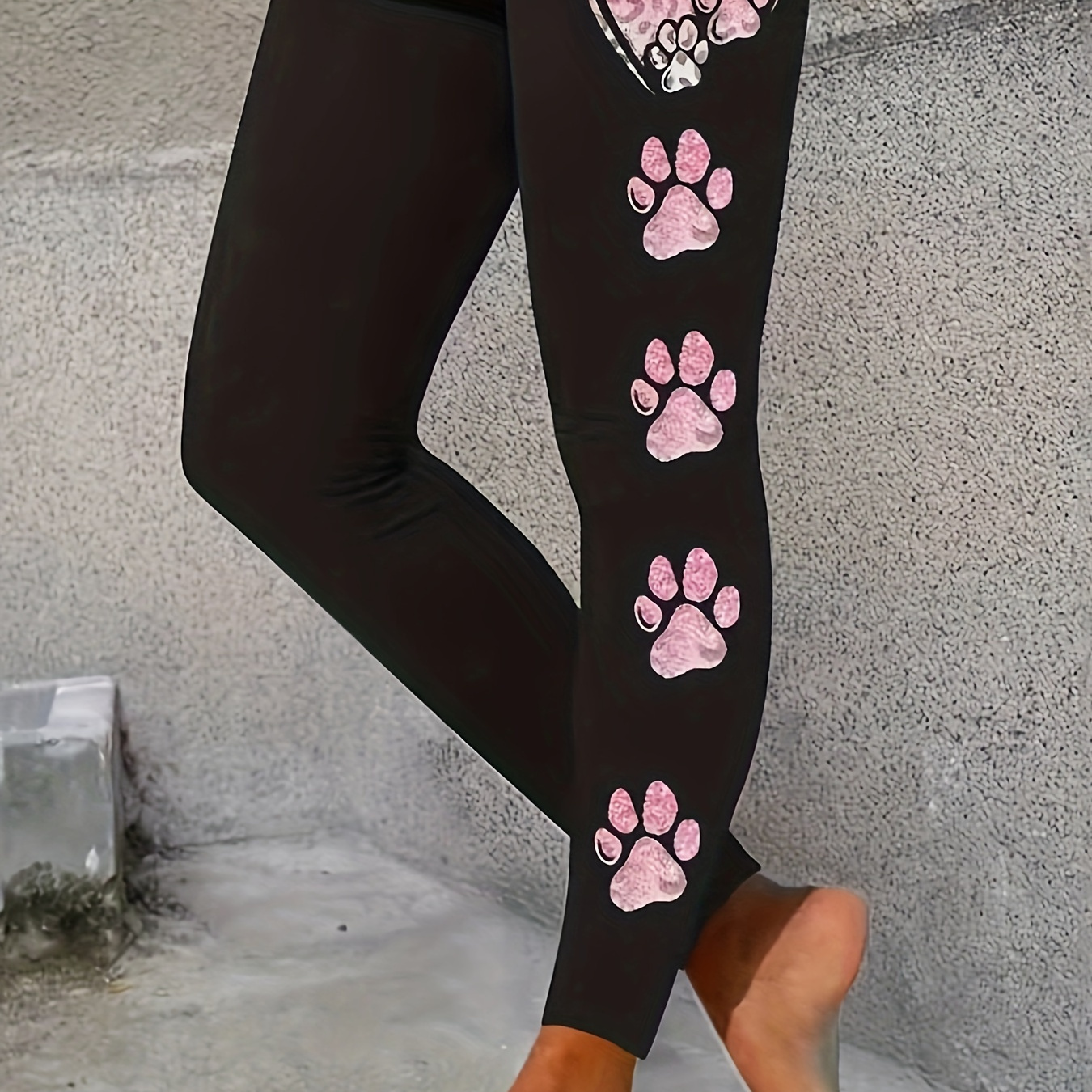 

Paw Print High Waist Skinny Leggings, Casual Sporty Tummy Control Stretchy Leggings, Women's Clothing