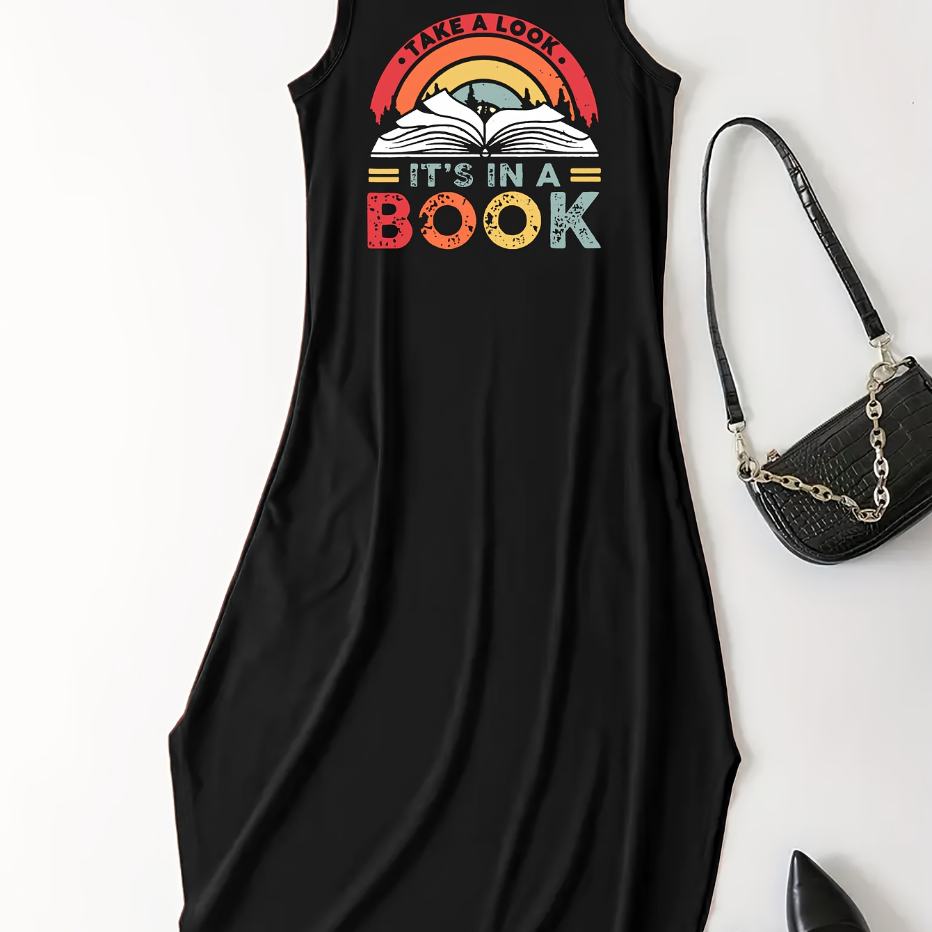 

Women's Casual Crew Neck Sleeveless Dress With "it' A Book" Print, Polyester & Spandex Knit Fabric, Summer Vest Dress With Applique, 180g/m²