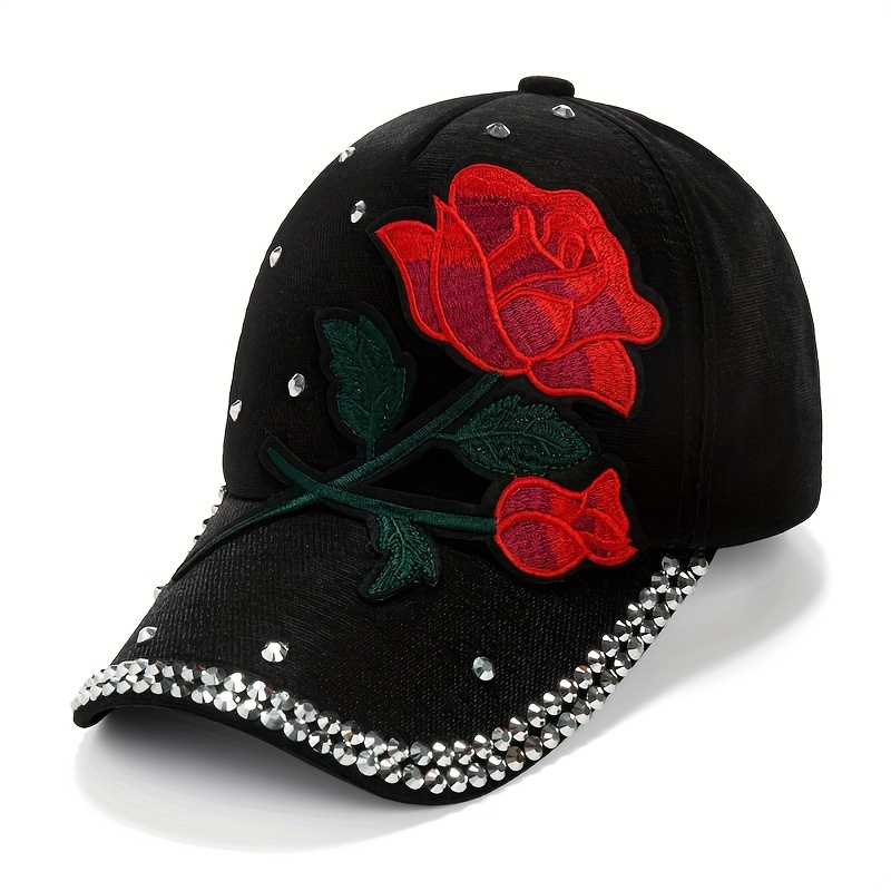 

Red Rose Patch Baseball Cap Rhinestone Decor Y2k Sports Hat Lightweight Adjustable Dad Hats