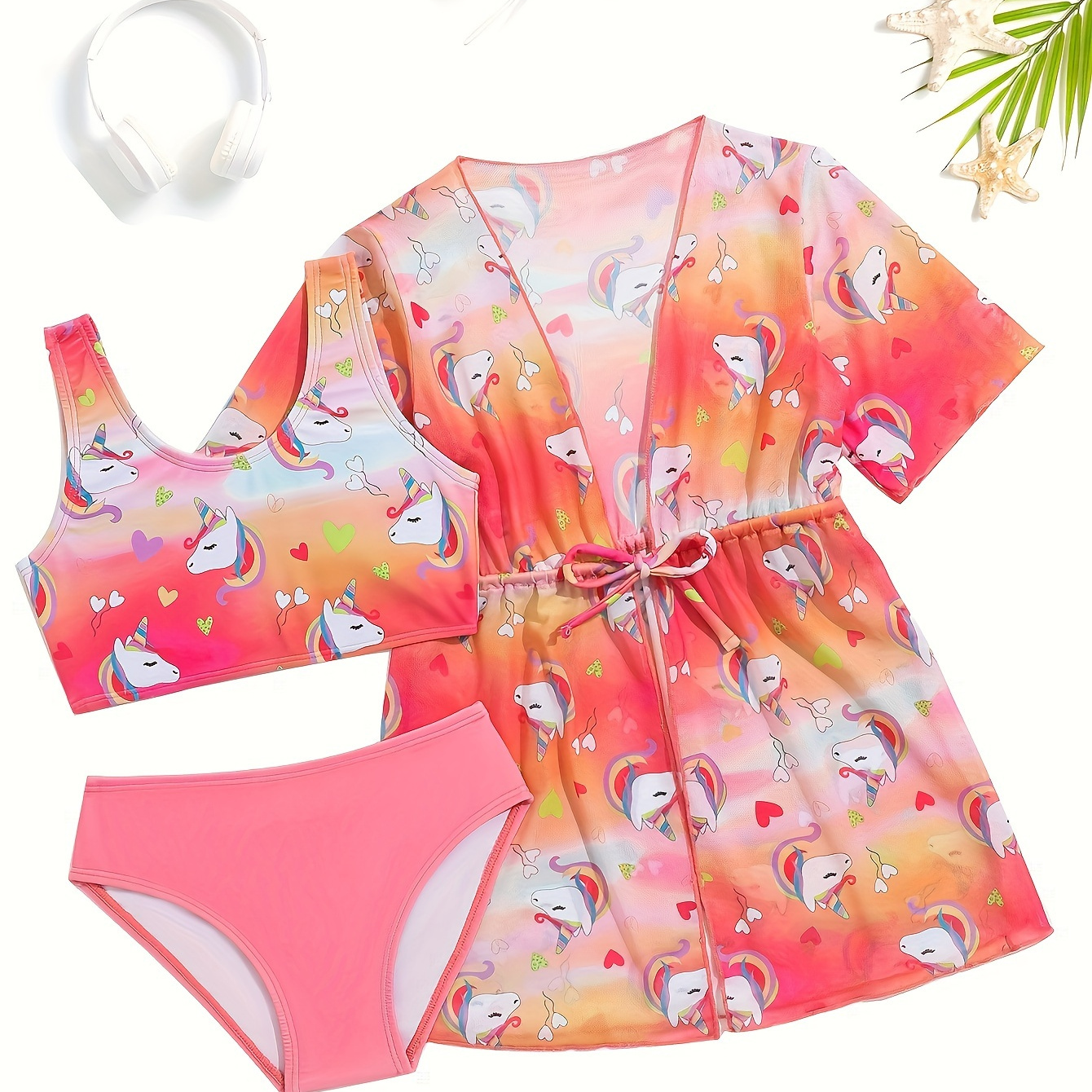 

Girls 3-piece High Stretch Swimsuit, Allover Unicorns & Hearts Pattern Swim Top & Solid Colored Brief & Short Sleeve Cover Up Drawstring Robe For Beach Party