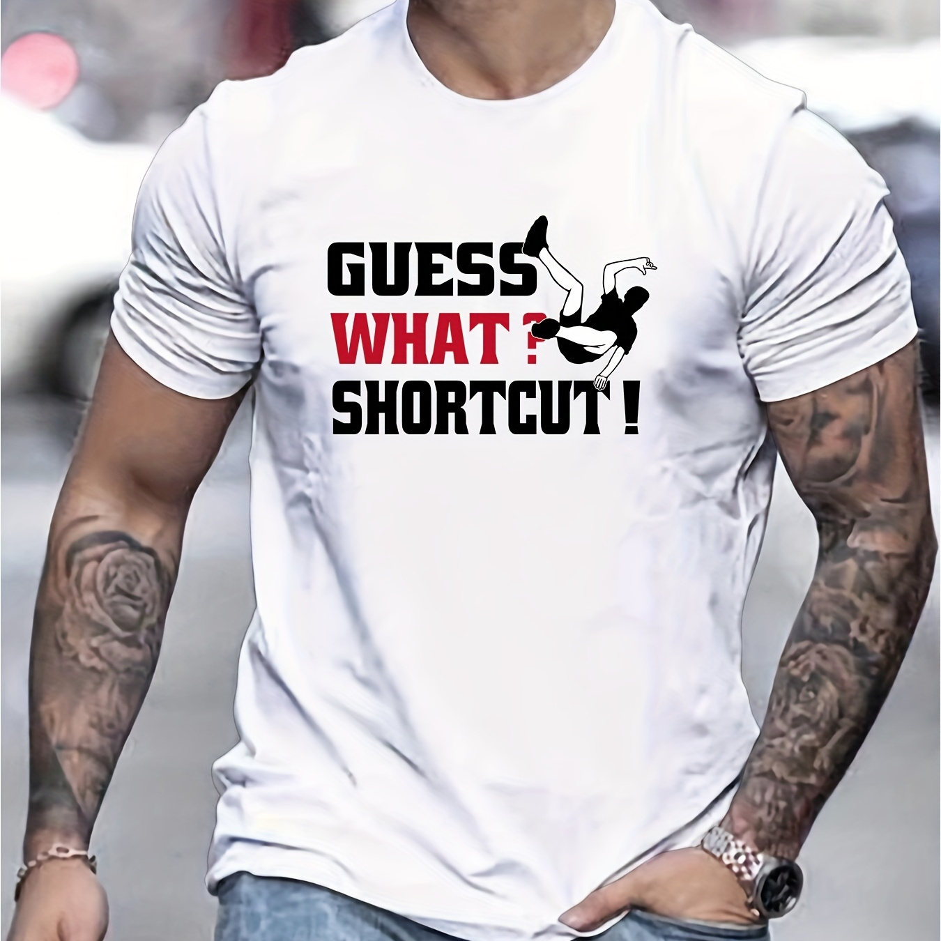 

Men's Guess What  Shortcut! Print T-shirt, Casual Short Sleeve Crew Neck Tee, Men's Clothing For Outdoor