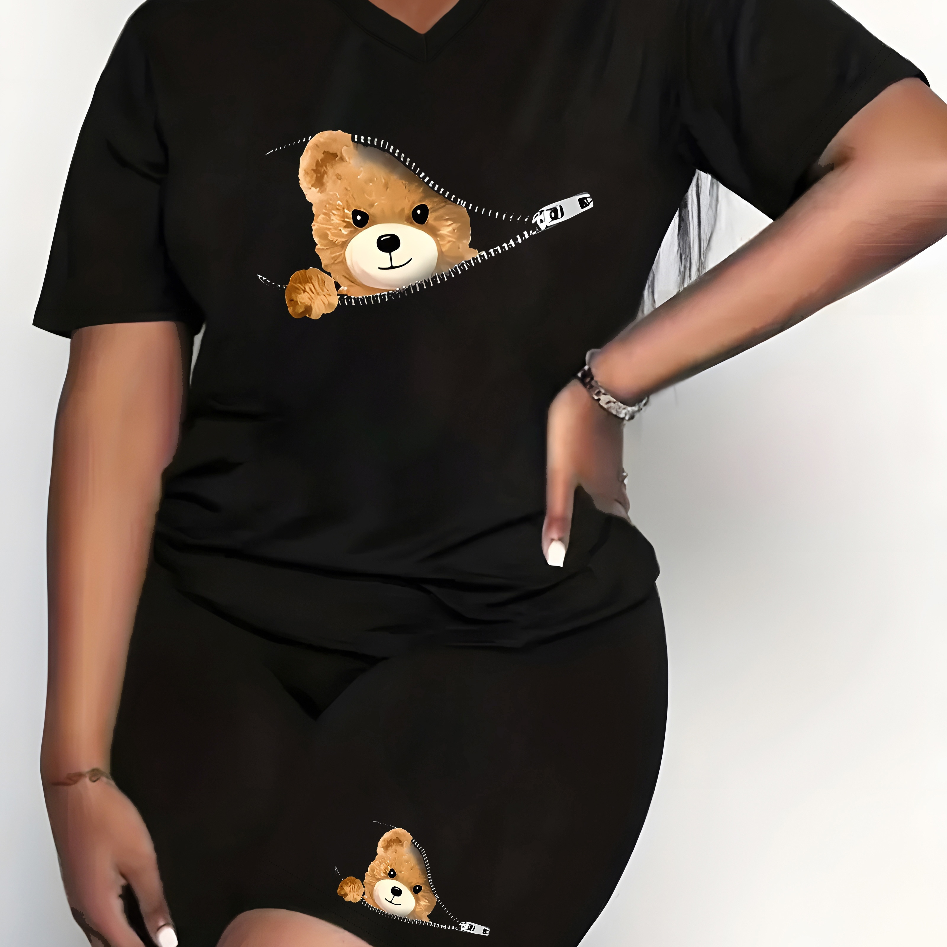 

Plus Size Bear Print Two-piece Set, V Neck Short Sleeve Top & Shorts Outfits, Women's Plus Size Clothing