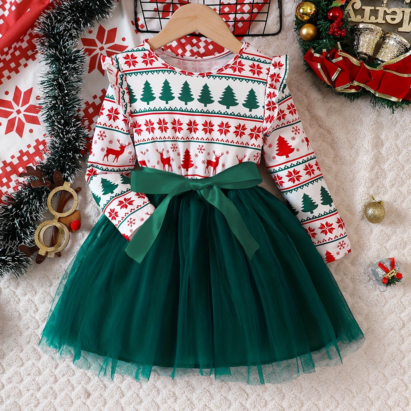 

Christmas Girls Tulle Splice Long Sleeve Tutu Dress, Cute & Smart Holiday Party Dresses Outfit For Kids/ Toddlers, Gift Choice