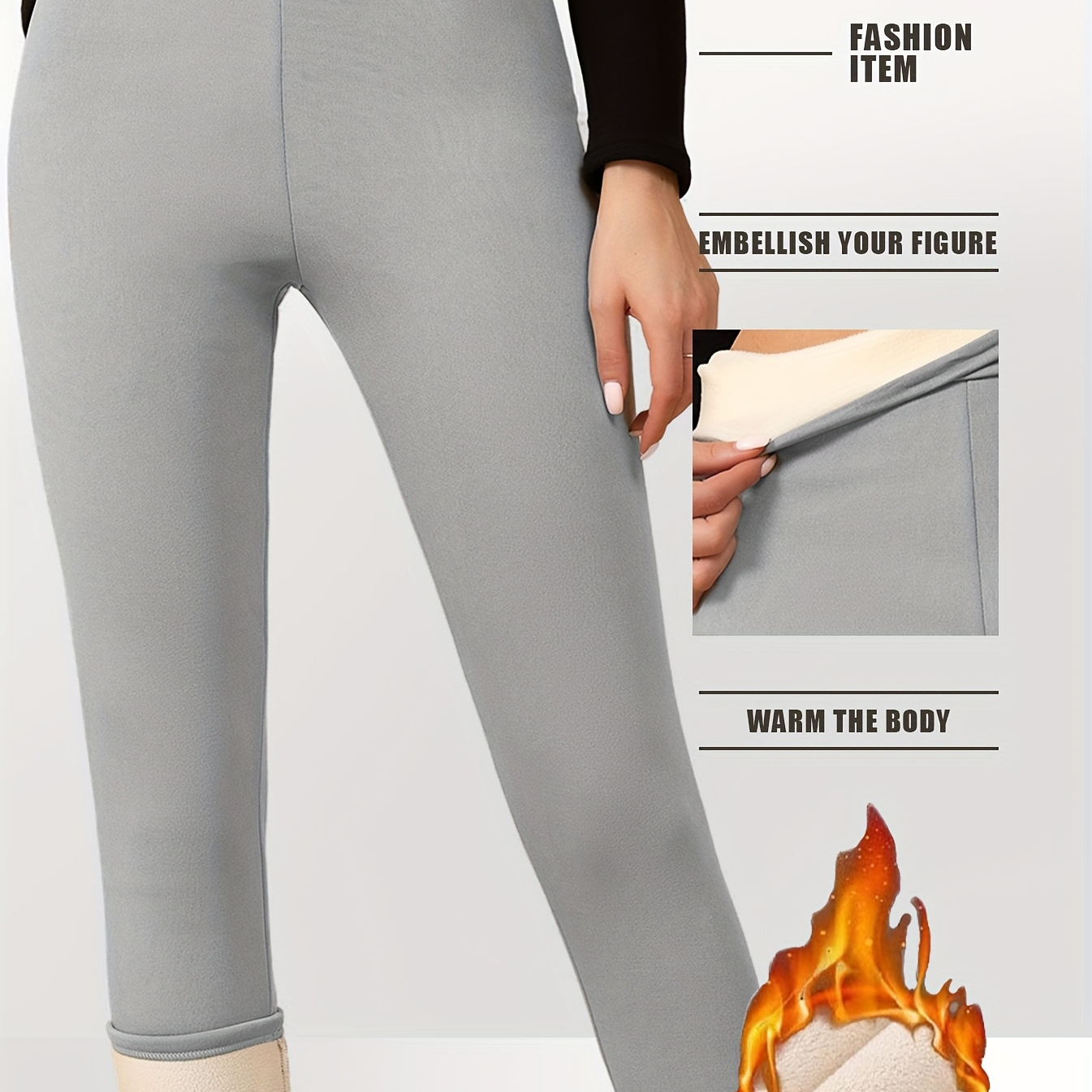 

Women's High Waist Fleece-lined Thermal Leggings, Polyester Spandex , Solid Color, Knit Fabric, Stretchy, Slim Fit, For Fall/winter