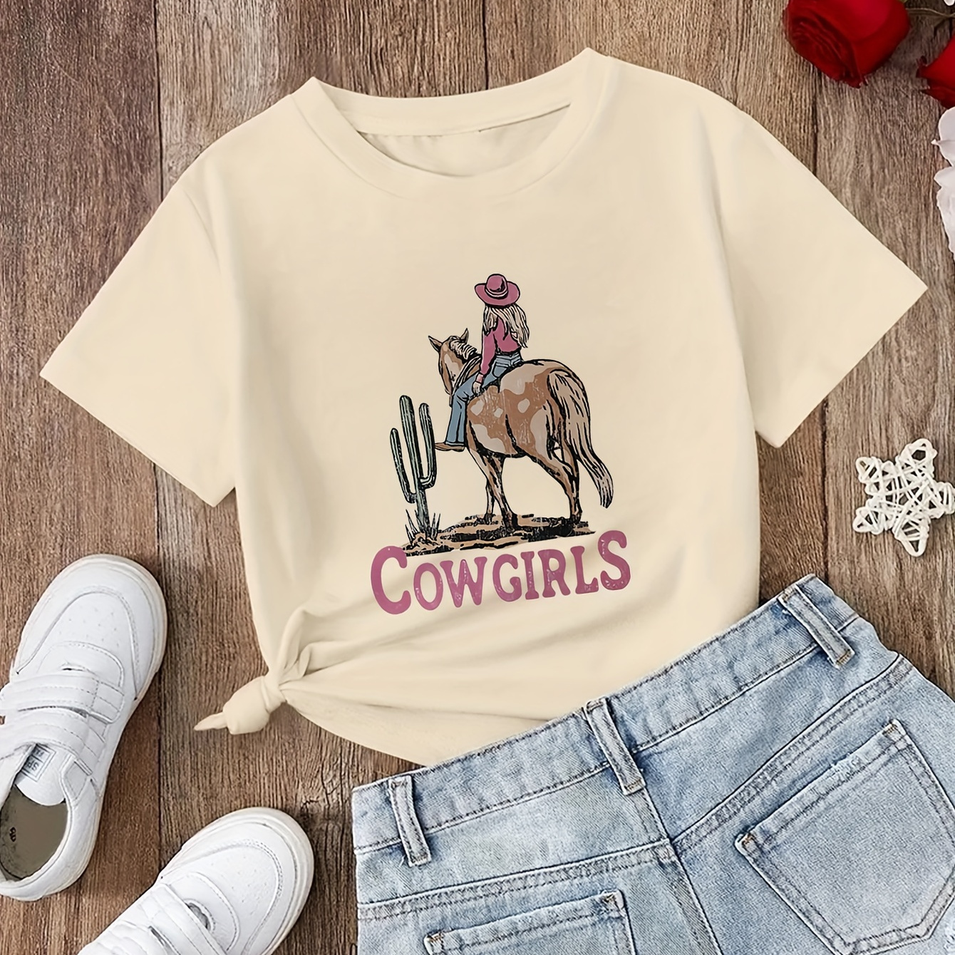 

Anime Cowgirls On Horse Graphic Print For Girls, Comfy And Fit T-shirt Top Pullover For Summer For Outdoor Activities