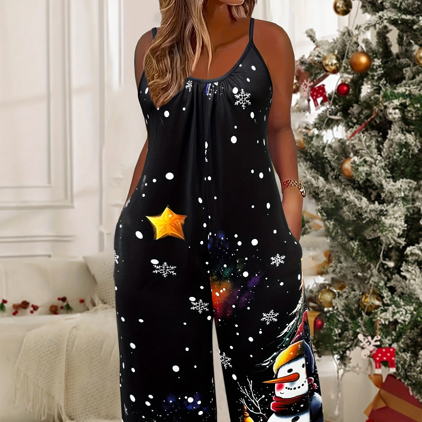 

Women's Casual Christmas Print Jumpsuit With Pockets - Festive Crew Neck Slingback Wide Leg Pantsuit | Polyester & Spandex Blend | Knit Fabric | All Season Comfort