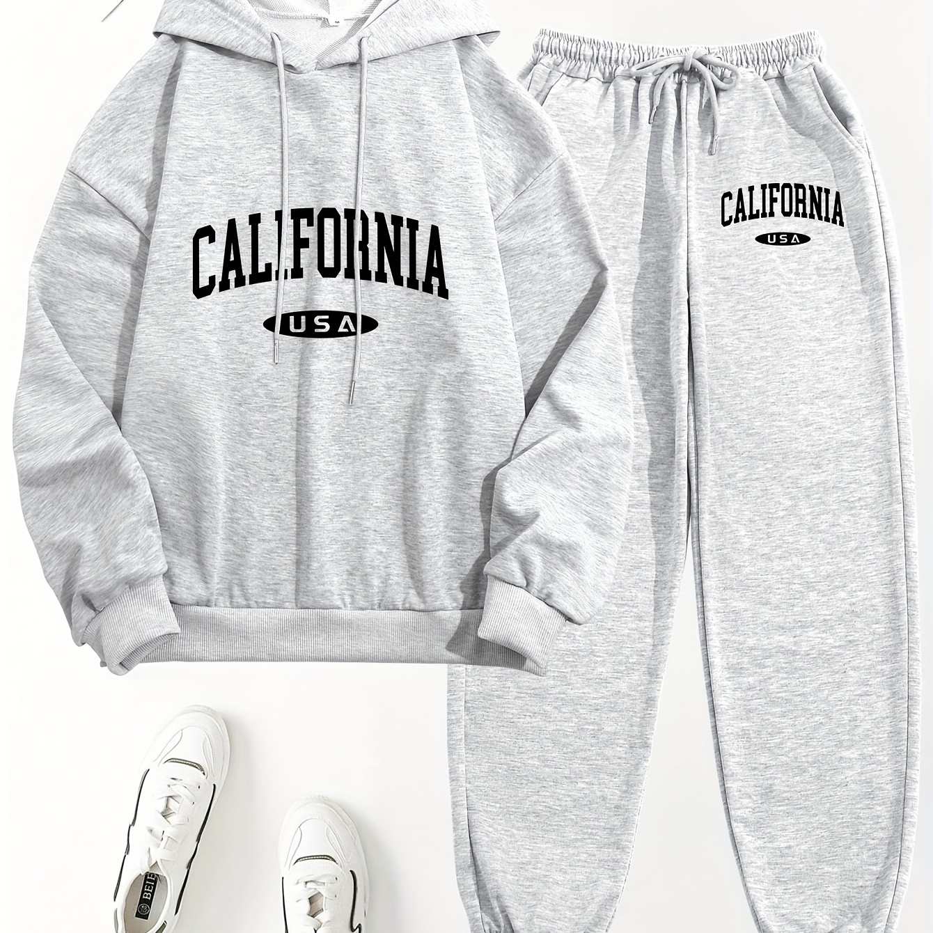 

Casual California Print Pantsuits, Long Sleeve Drawstring Hooded Sweatshirt & Pocket Jogger Pants Outfits, Women's Clothing